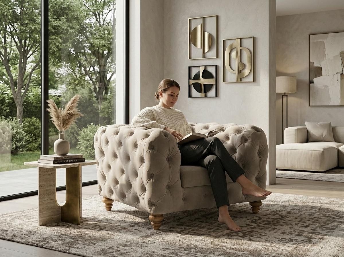 JVmoebel Chesterfield-Sessel Beiger Chesterfield Sessel Kapitonierung Designer-Sessel Stoff (1-St), Made in Europa