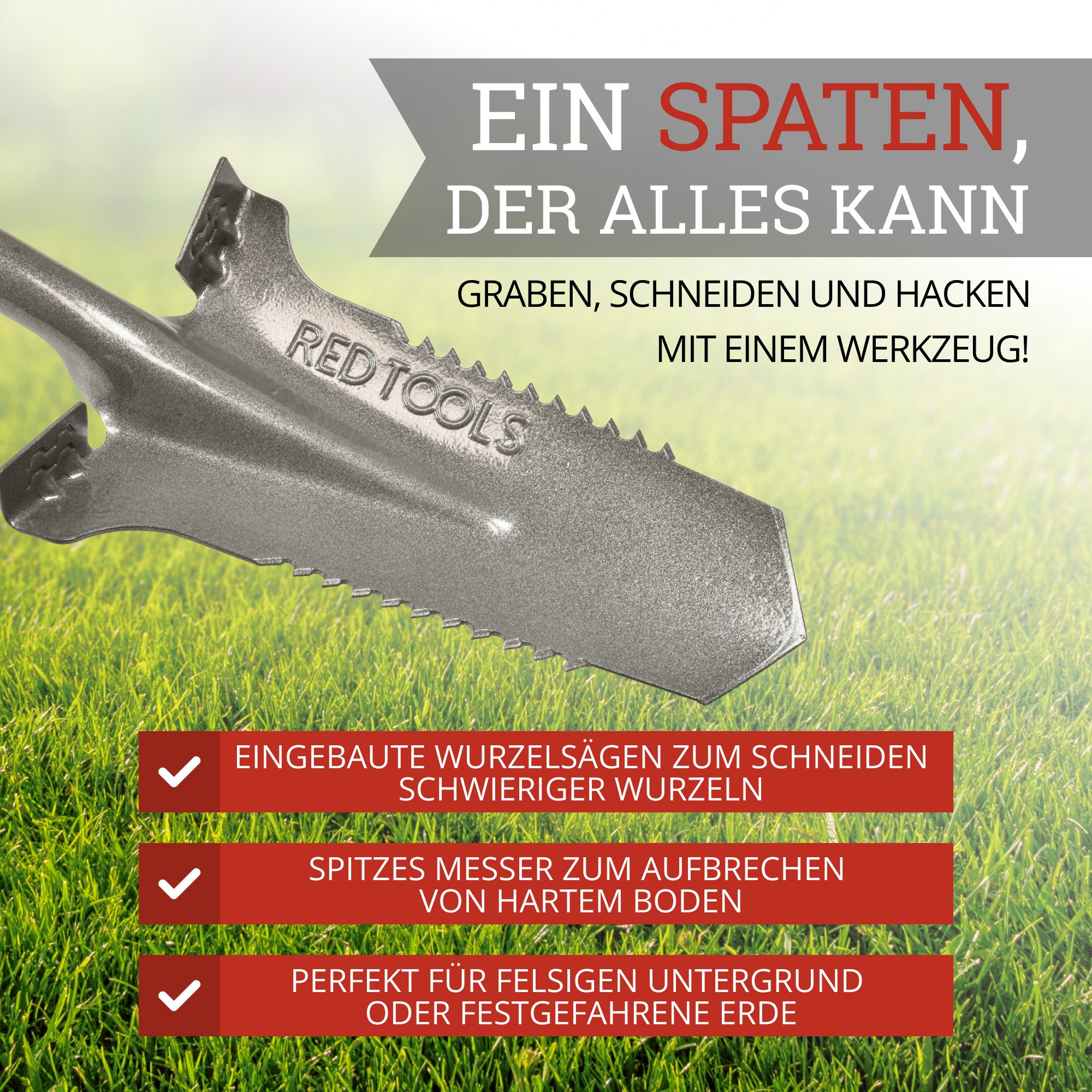 Red Tools Spaten Power Head 115cm Gärtnerspaten - Spaten mit Wurzelsäge, (Stück, 1), 115 cm Gesamtlänge, Wurzelsäge, All-in-One-Werkzeug, 50Mn