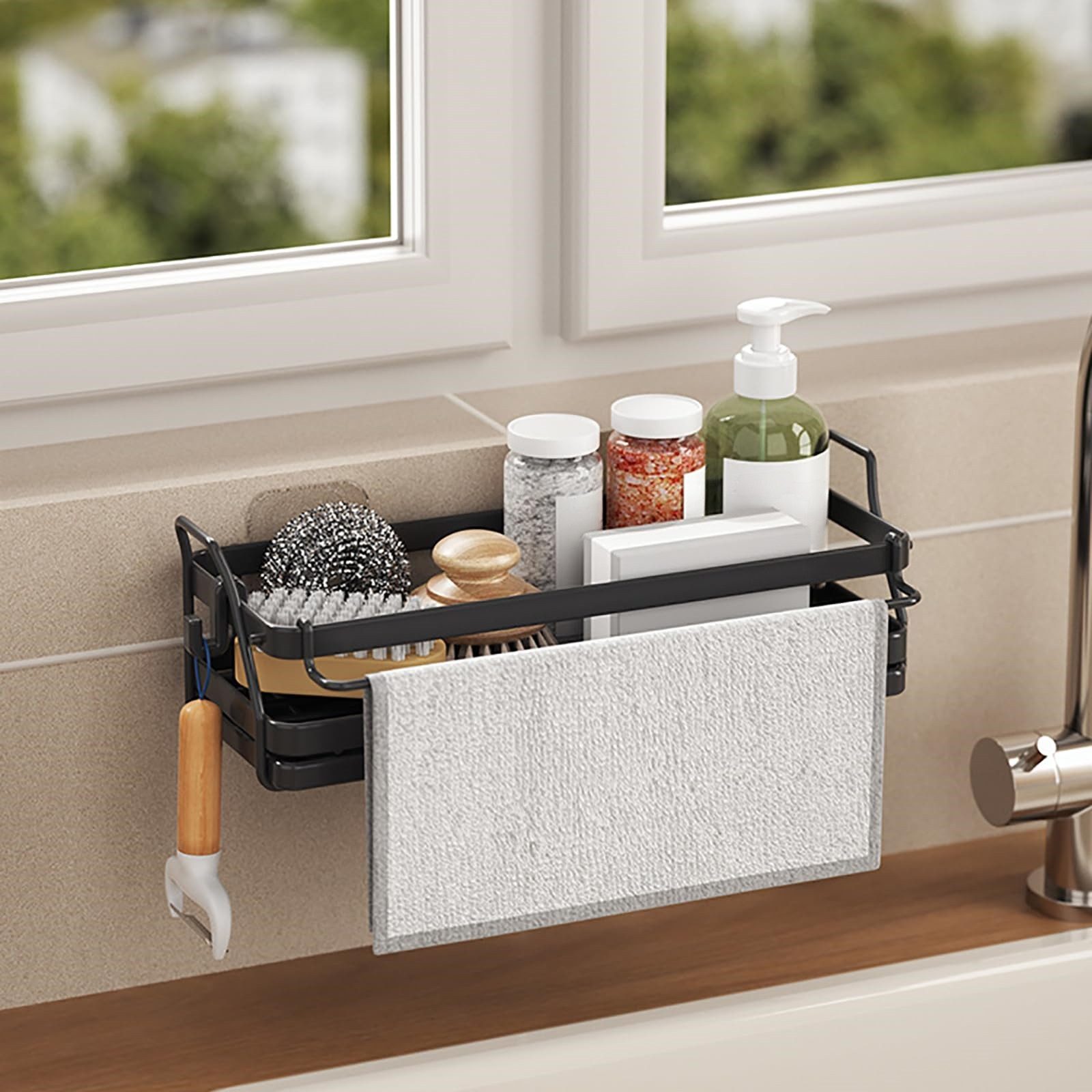 FOUORTUNATE-BEE Küchenorganizer-Set Wandhalterung Küchenspüle Organizer Schwammhalter, (Hängend Spülbecken Organizer mit Spültuchhalter, Spüle Organizer mit Abflusspfanne Ohne Bohren)