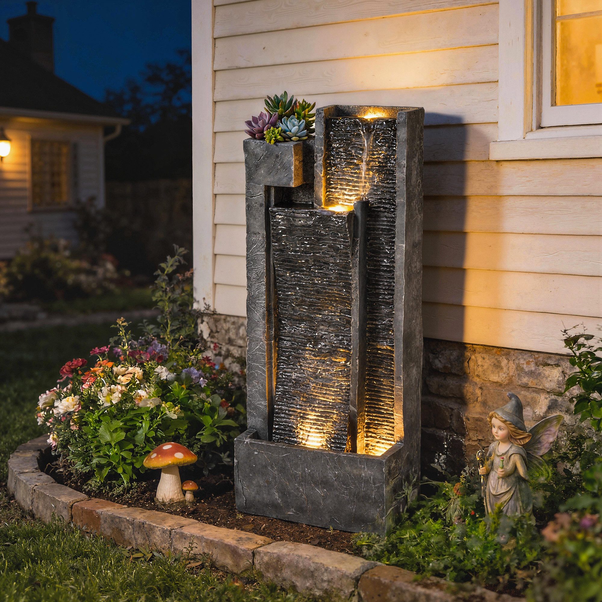 Outsunny Gartenbrunnen mit LED Beleuchtung, Pflanzkübel, Pumpe, Steinoptik, 38 cm Breite, Wasserbecken BxT: 19x19 cm, (Springbrunnen, 1 tlg., Zimmerbrunnen), für Garten Rasen 38 x 19 x 101 cm