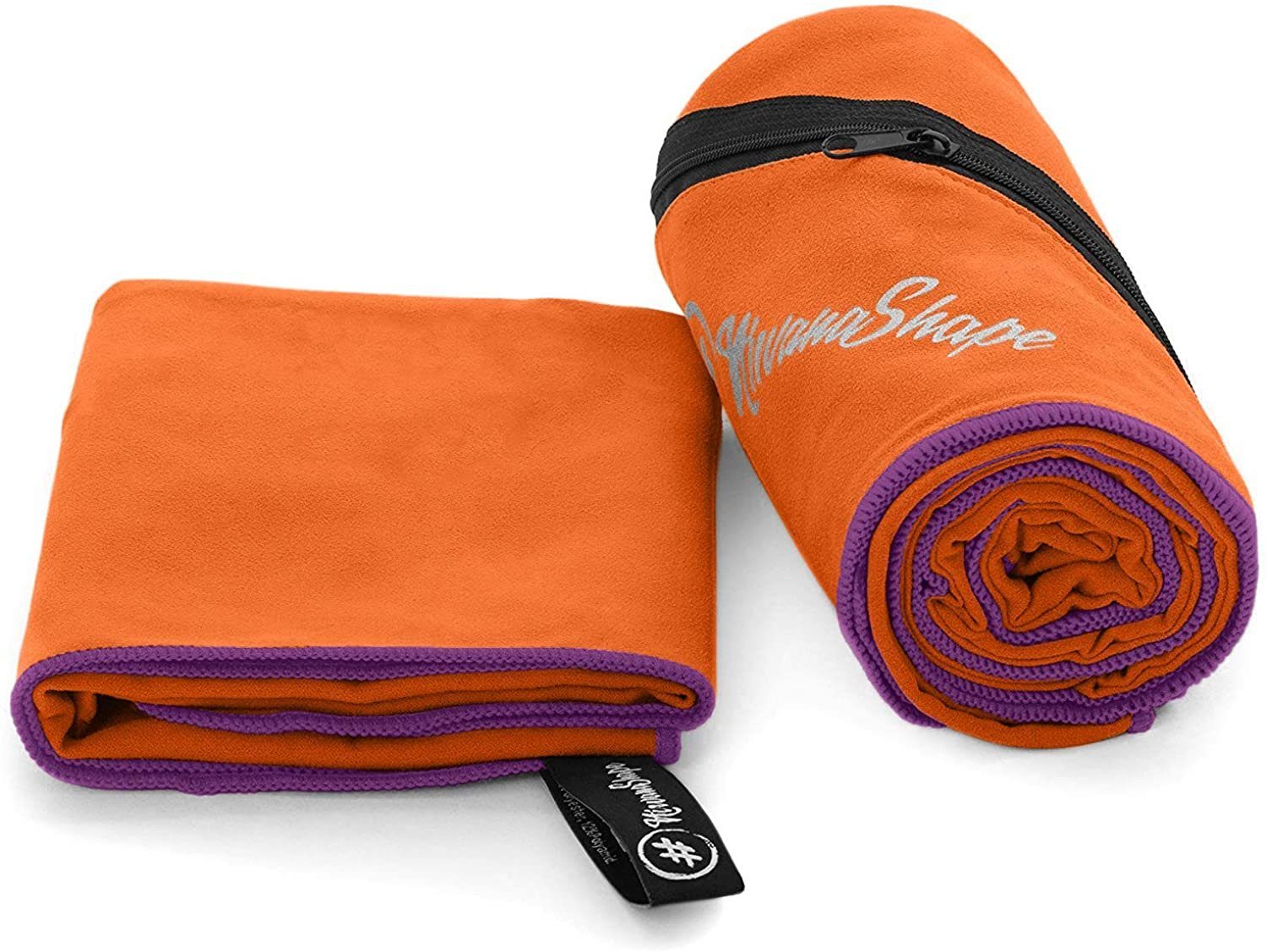 NirvanaShape Sporthandtuch Mikrofaser Handtuch, Badehandtuch, Reisehandtuch, Sporthandtuch, Ecktasche mit Reißverschluss, saugfähig, leicht, schnelltrocknend Orange / Violetter