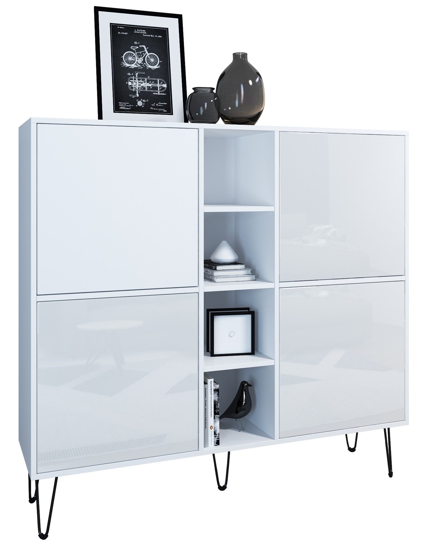 Vladon Highboard Havana V3 (Sideboard mit 4 Türen und 4 offene Fächer, Kommode Made in Germany), Weiß matt / Weiß Hochglanz (130,5 x 124 x 35 cm)