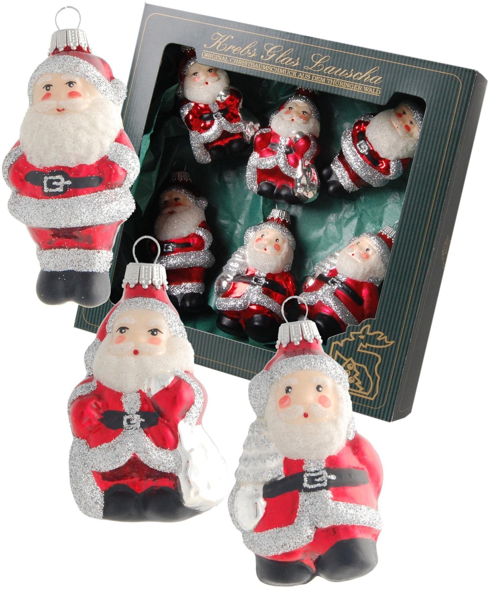 Krebs Glas Lauscha Christbaumschmuck Weihnachtsmänner, Weihnachtsdeko rot, Christbaumschmuck (6-tlg), mit silberfarbenem Glitter dekoriert, mundgeblasen