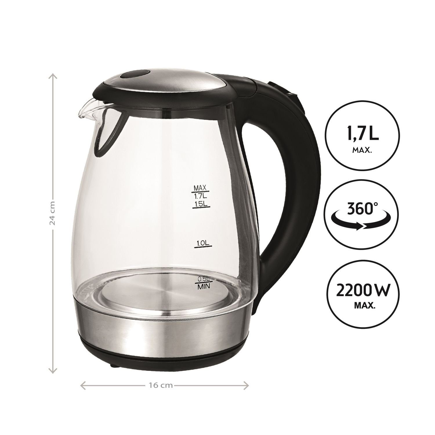 TZS FIRST AUSTRIA Wasserkocher Glas Wasserkocher, 1,7 L, Kalkfilter, 2200W, LED Innenbeleuchtung, 1.7 l, 2200 W, kabellos, Trockenkochschutz, 360° Grad Anschluss-Sockel