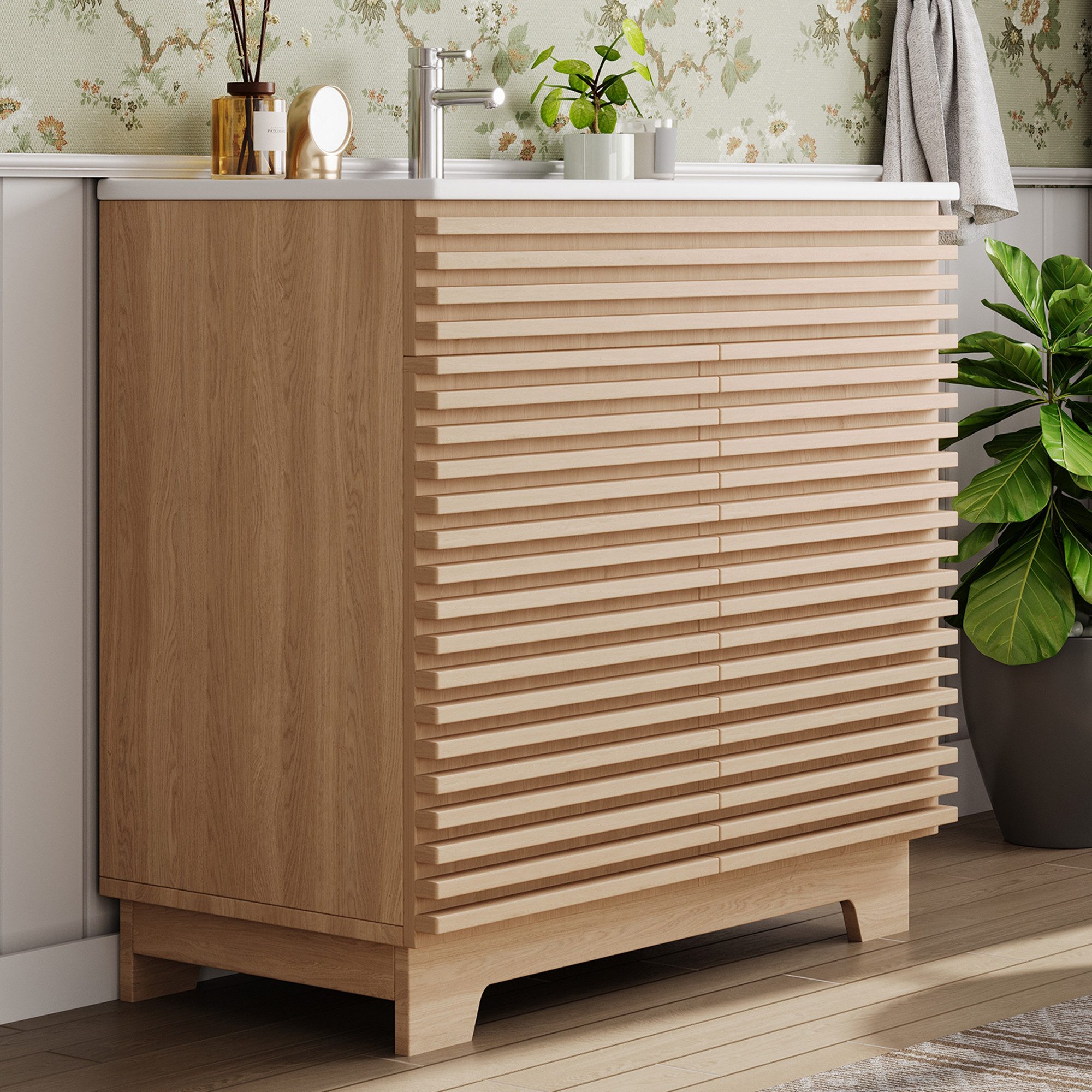 Flieks Waschtisch Waschbeckenunterschrank mit eingebauten Regalen & 3D-Horizontalstreben (91x46x80 cm, Holzoptik, 1-St., bodenstehend, Badezimmer Doppeltürschra – Bild 4 von 5