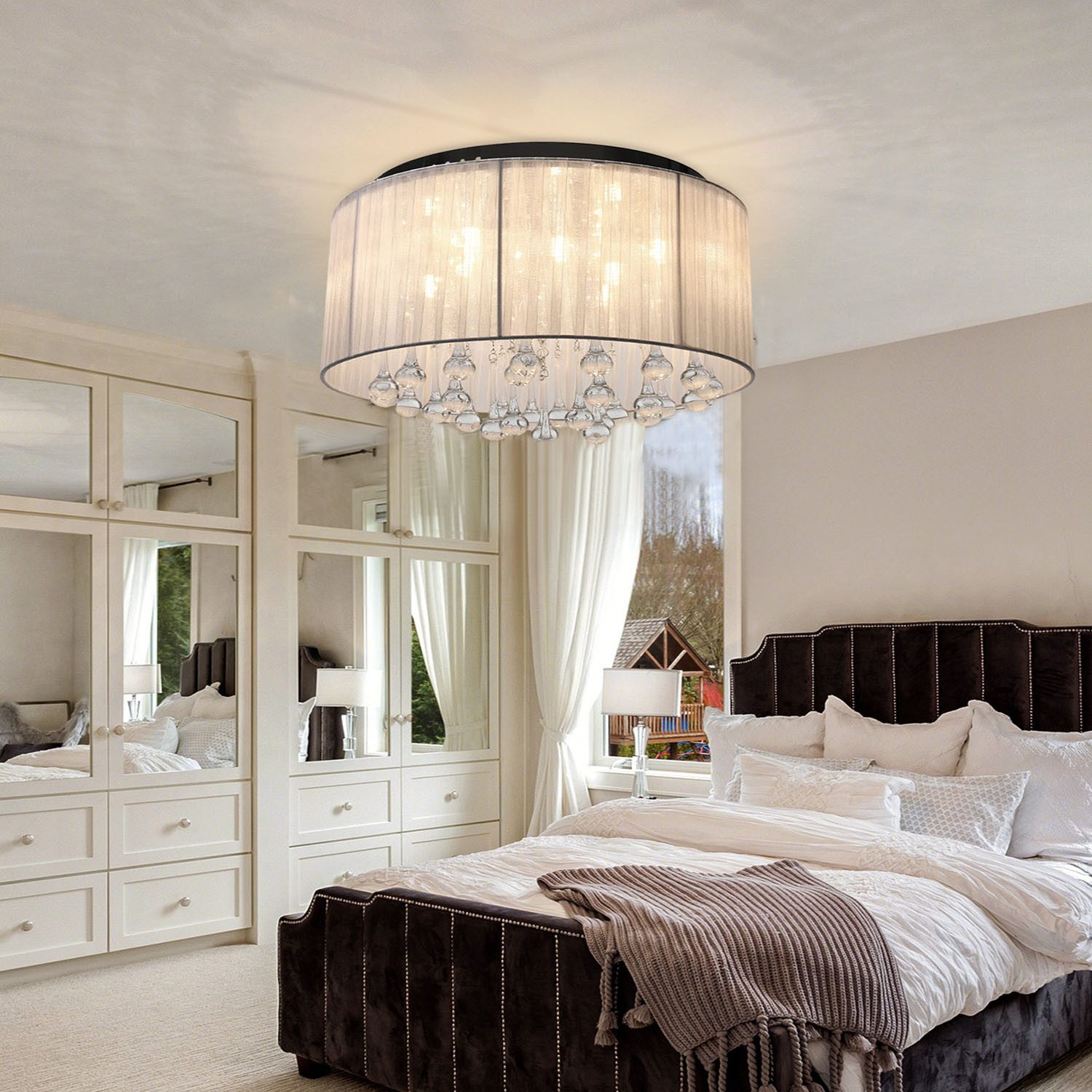 oyajia LED Deckenleuchte 48W Kristall Deckenleuchte, G9 Pendelleuchte mit Rundem Gaze-Schirm, ohne Leuchtmittel, kaltweiß, warmweiß, neutralweiß, Lampenschirm aus Organza, G9-Fassung, 8-flammige Deckenleuchte 40x20cm