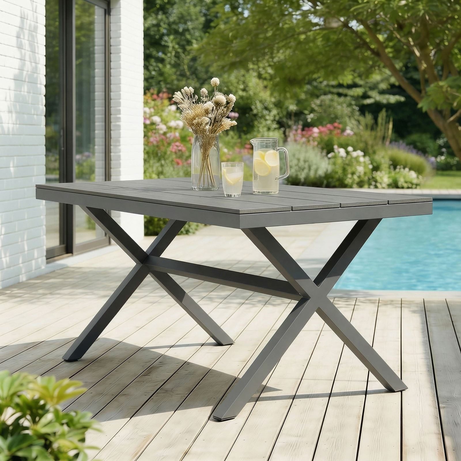 IDIMEX Gartentisch WINDY, Outdoor Tisch 150x90cm wetterfest aus Alu & WPC Holzoptik grau
