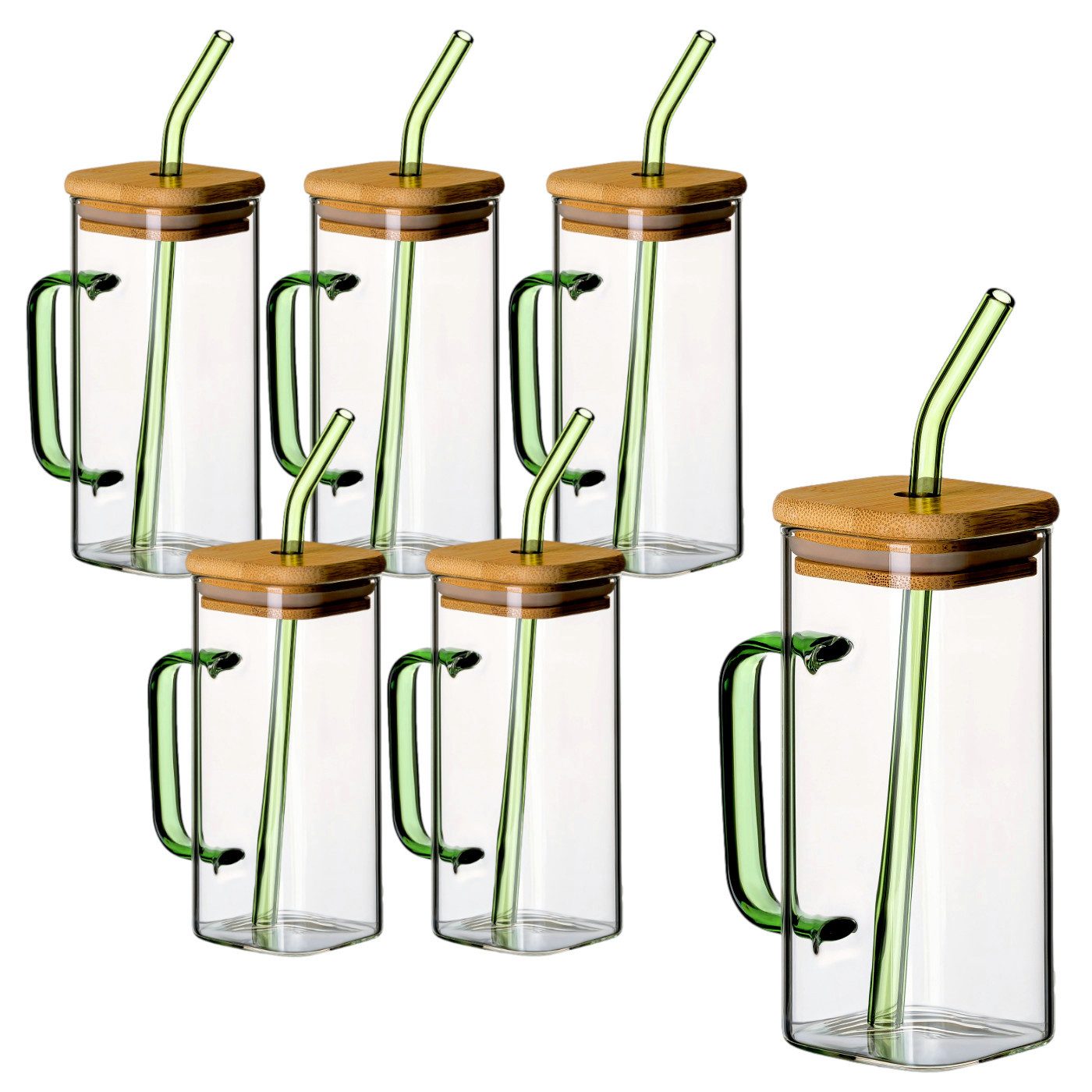 Teeglas 6 Trinkgläser 350 ml mit Henkel, Deckel und Strohhalm - Cocktailgläser