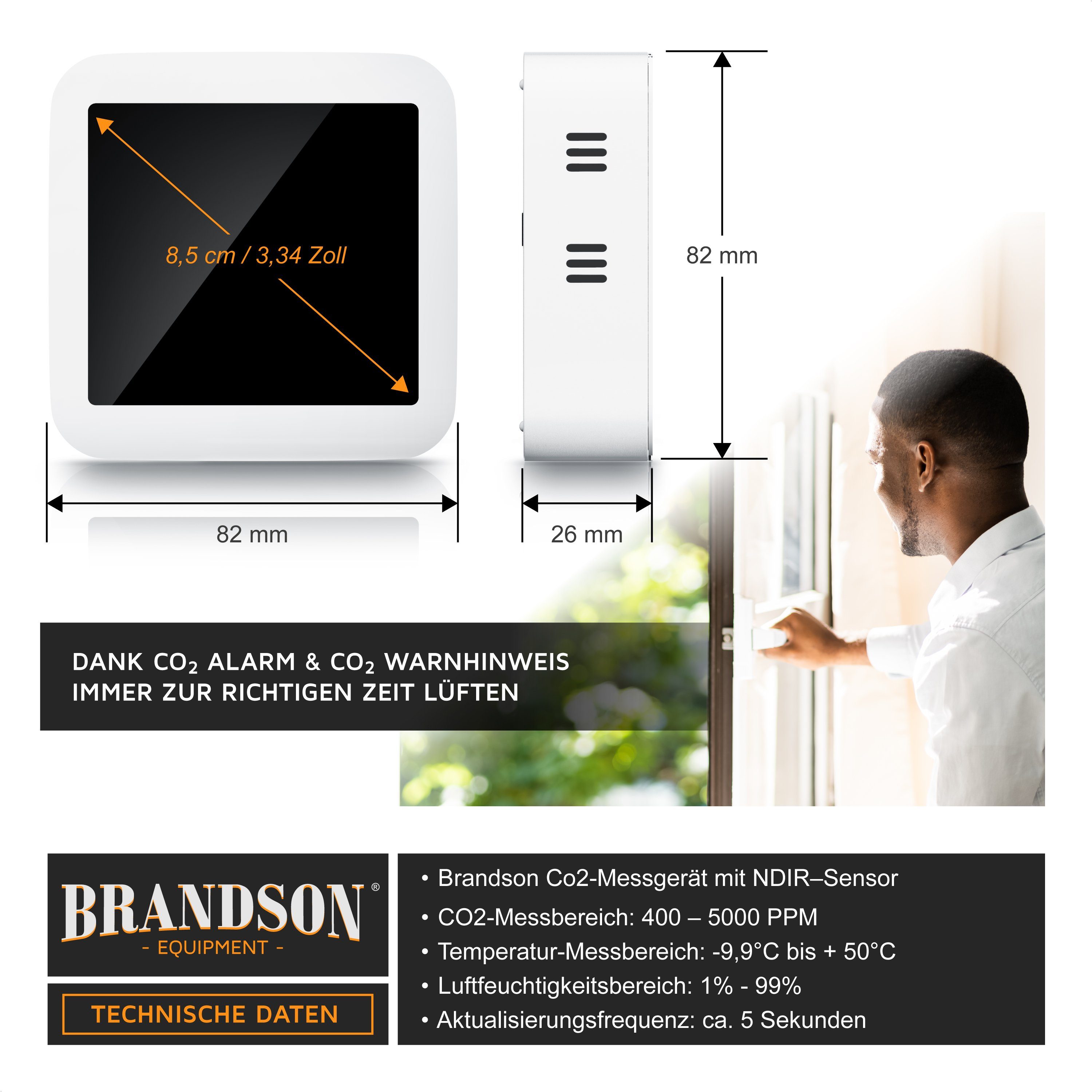 Brandson Raumluft-Qualitätssensor CO2 Messgerät, Luftqualität Melder, Kohlendioxidmessung, Warnmelder, Sensor für Luftqualität, CO2 Messung, Präzise Kohlendioxidmessung