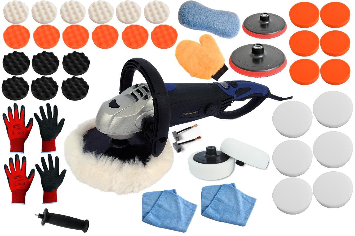 Duke-Handel Rotationspoliermaschine Poliermaschine Polierer Autopolierer Schleifmaschine 1600Watt (Set 6), 3000 max. U/min, (Set, 47 tlg., inkl. umfangreichem Polier- und Schleifzubehör), ohne Akku und Ladegerät, Griff ist drehbar um 180°