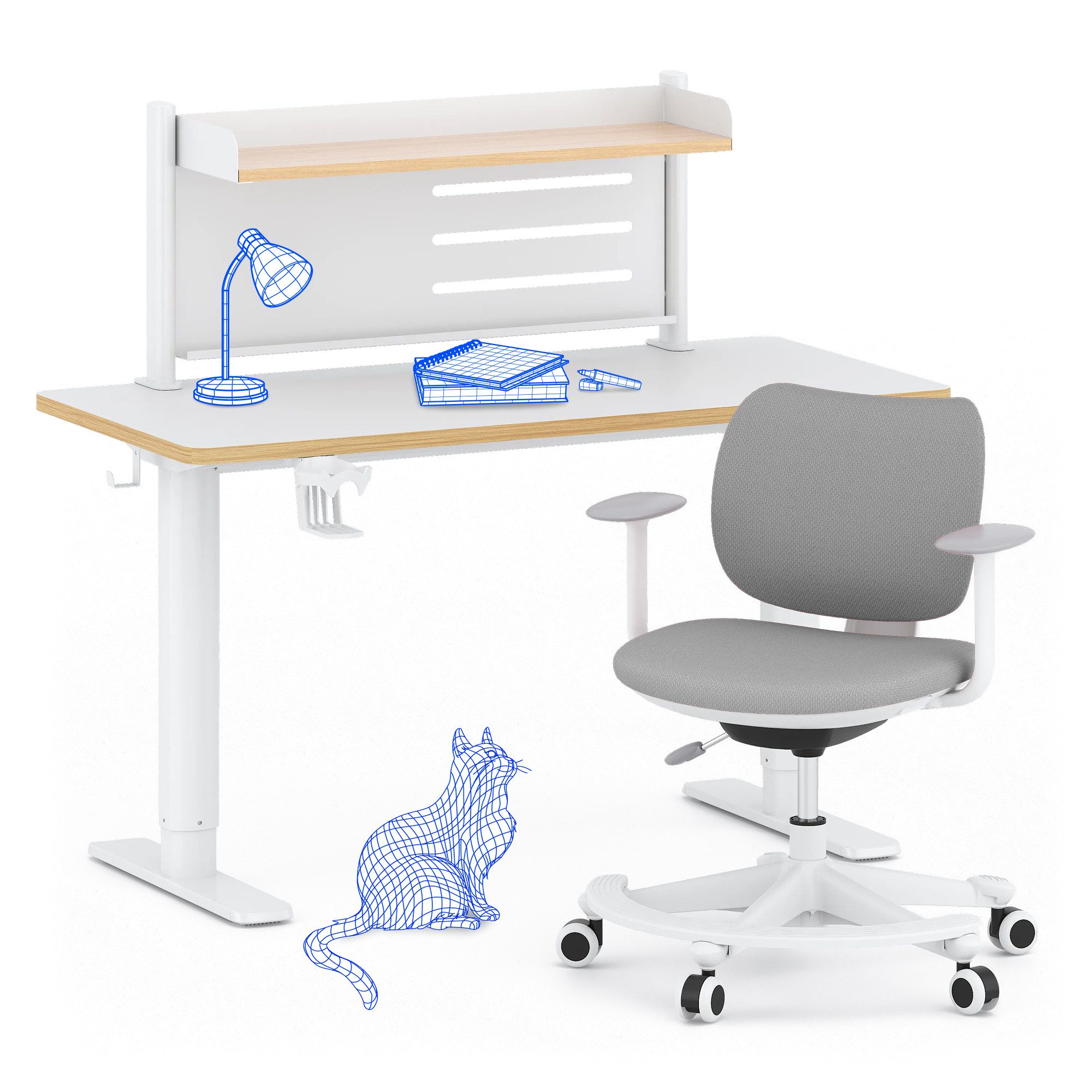 FLEXISPOT Schreibtisch Kinderschreibtisch Höhenverstellbar (3 Speichertasten, Magnetisches Whiteboard, inkl. 3 Whiteboard-Stifte & Tafellöscher), MIT 2xHaken& 1xBecherhalter und Bücherregal, Kindertisch Stuhl Set