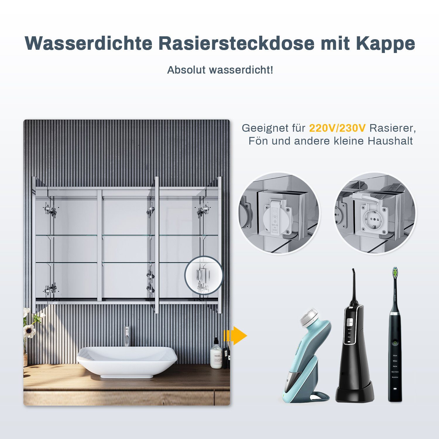 SONNI Spiegelschrank Spiegelschrank Bad mit Beleuchtung 90 x 65 cm Badpiegelschrank 3-türig mit Touchschalter und Steckdose,verstellbare Einlegeböden