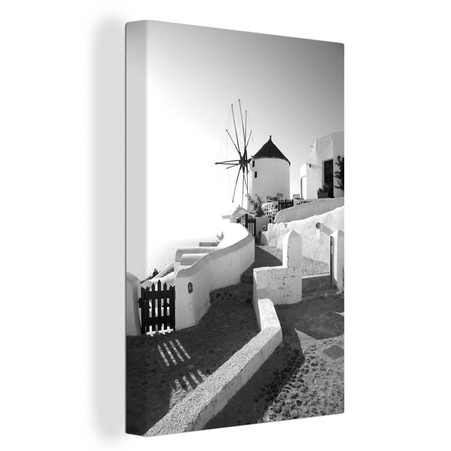 OneMillionCanvasses® Leinwandbild - und St), Santorin cm (1 schwarz auf fertig bespannt Windmühle inkl. Leinwandbild Zackenaufhänger, Griechenland weiß, 20x30 Gemälde, in