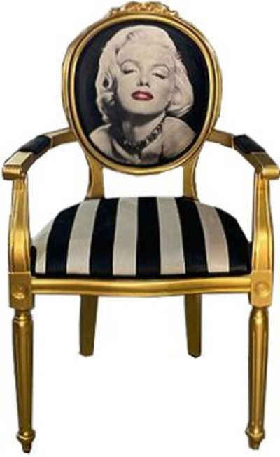 Casa Padrino Esszimmerstuhl Barock Esszimmerstuhl Marilyn Monroe Schwarz / Weiß / Gold - Handgefertigter Antik Stil Stuhl mit Armlehnen - Esszimmer Möbel im Barockstil