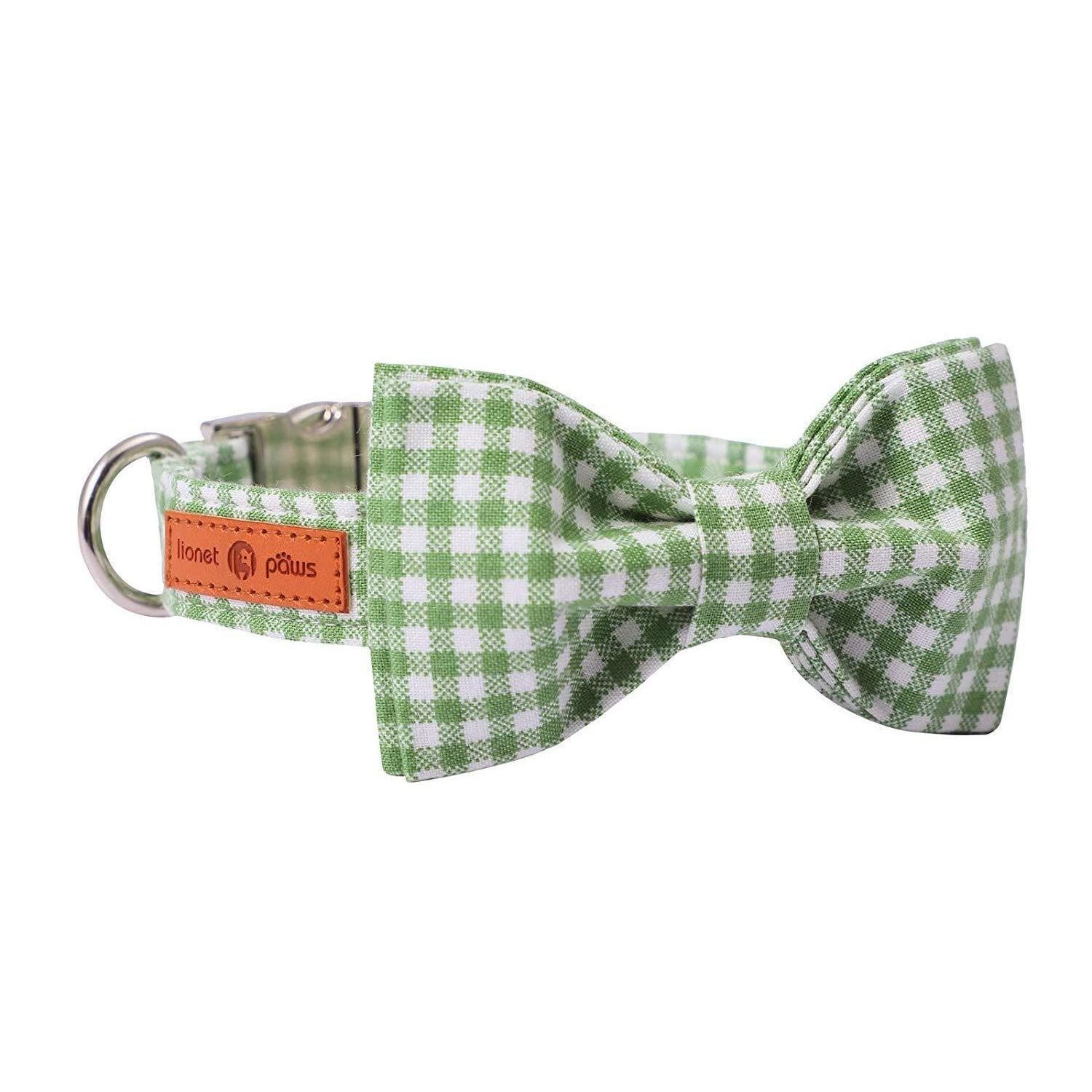 LuxusKollektion Hunde-Halsband Hundehalsband kariert mit Fliege L Grün&Weiß