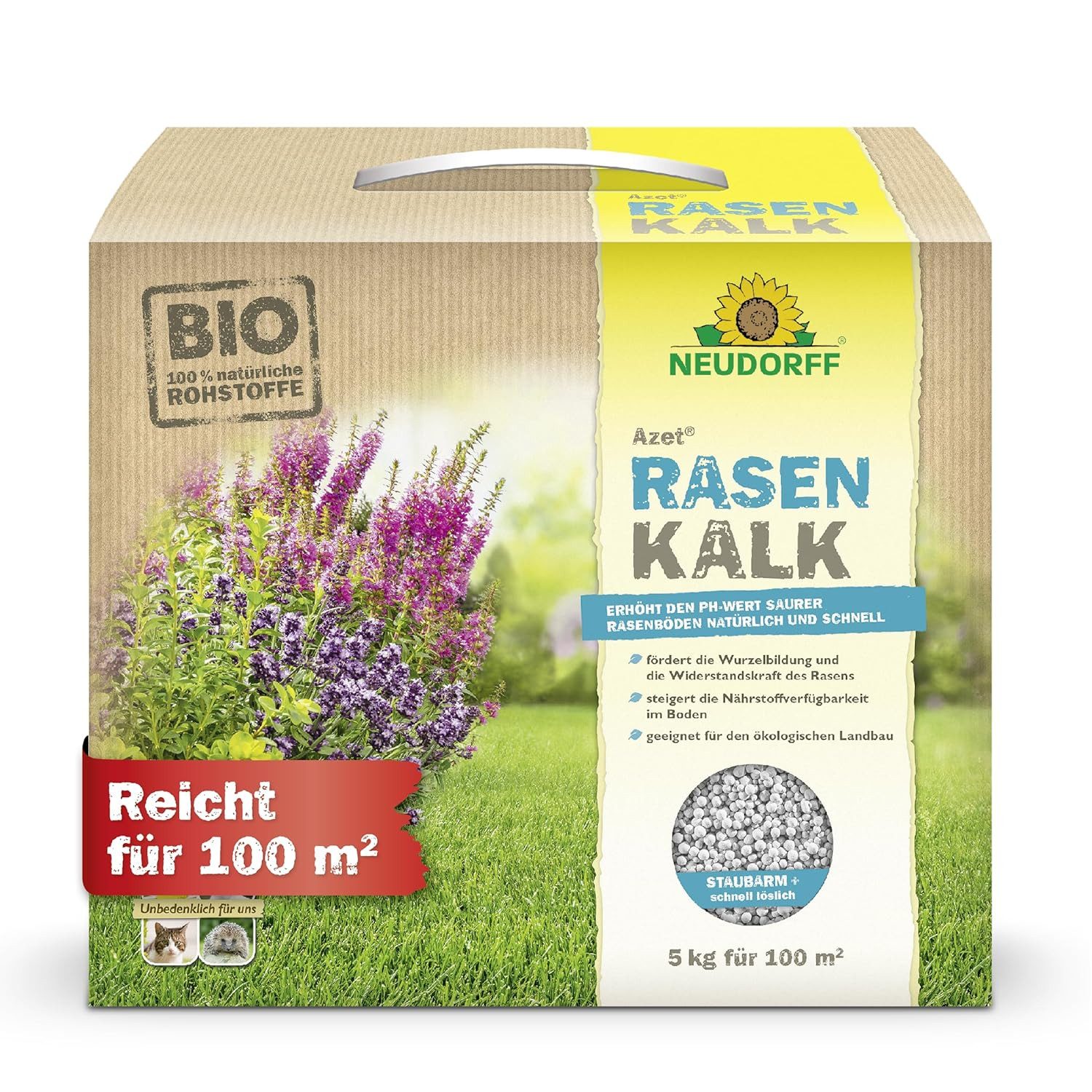 Neudorff Rasenkalk Azet Rasenkalk 5 kg, Kalkdünger für einen kräftigen, grünen Rasen und beugt Moos vor, staubarm & schnell löslich