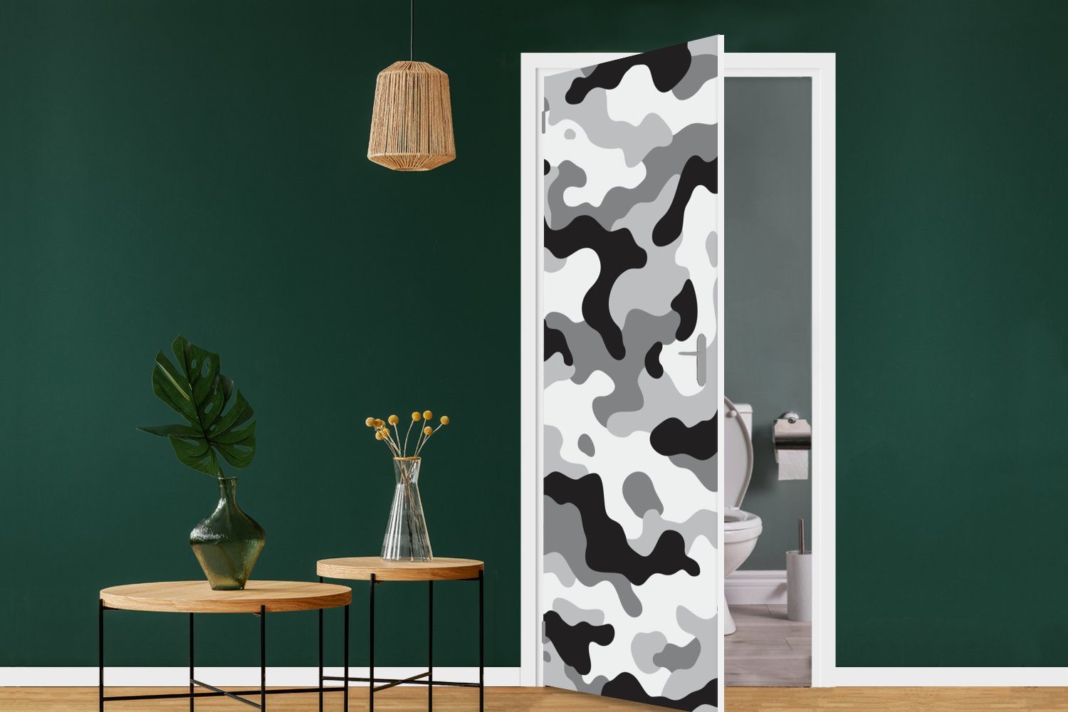 MuchoWow Türtapete Schwarz-weißes Camouflage-Muster, Fototapete Tür, für St), Matt, 75x205 (1 bedruckt, cm Türaufkleber