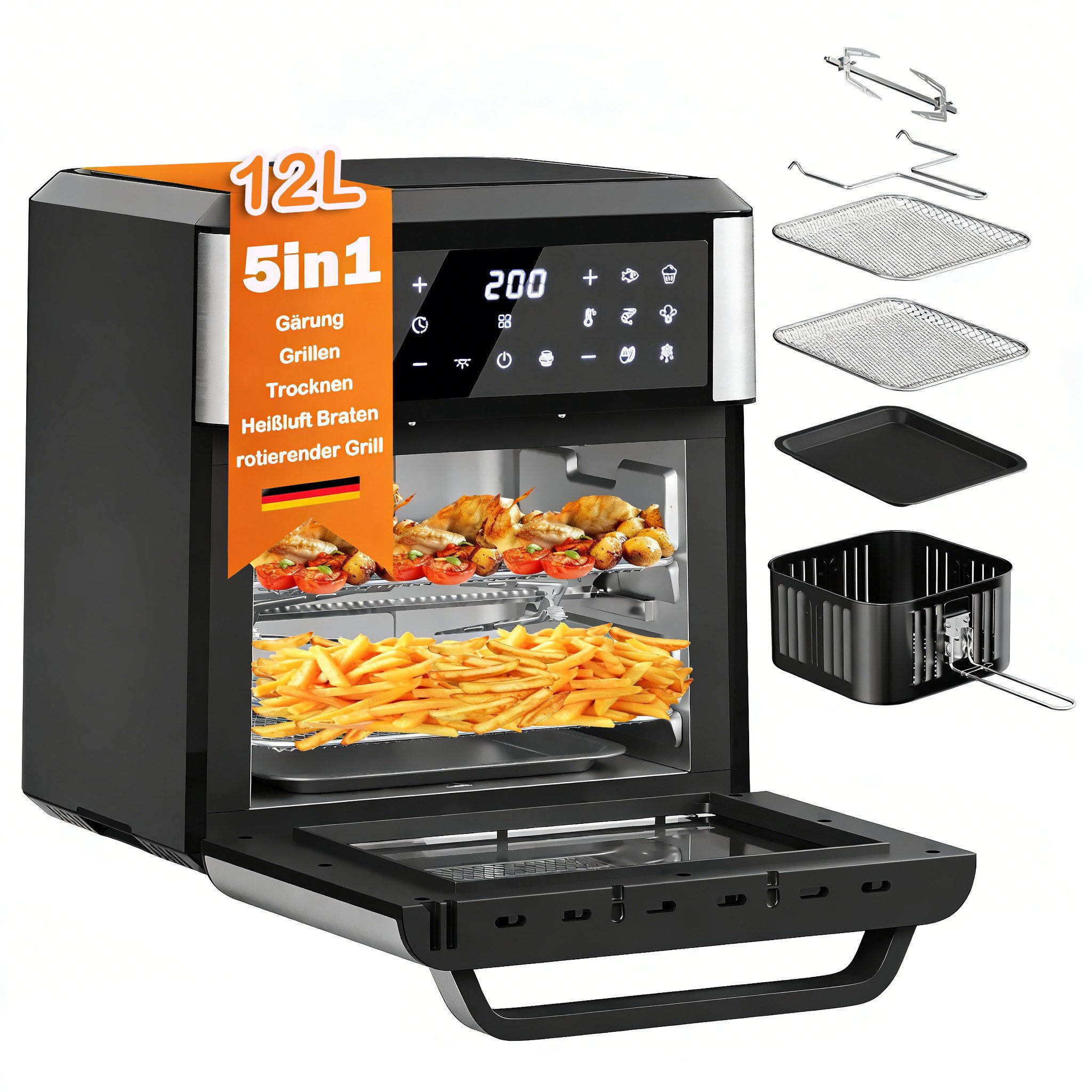 HOMELUX Heißluftfritteuse, 1800,00 W, 12 programme,5-in-1 Kombiniert Grillen,Braten,Grillen,Trocknen,Gärung