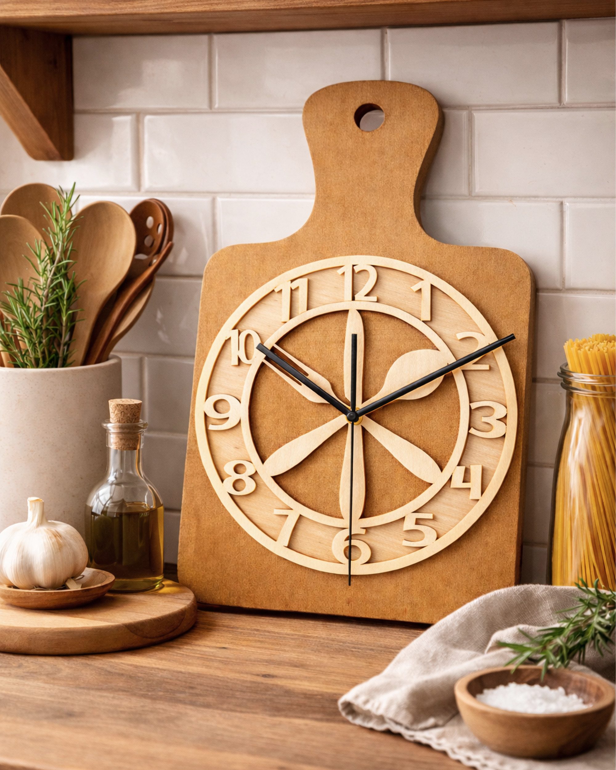 ORNAMENTI Wanduhr Küchenuhr handgefertigte, Schneidebrett, Hingucker Wanddeko, Holz (lautlos, ohne Tickgeräusche für Küche, lesbare Ziffern)