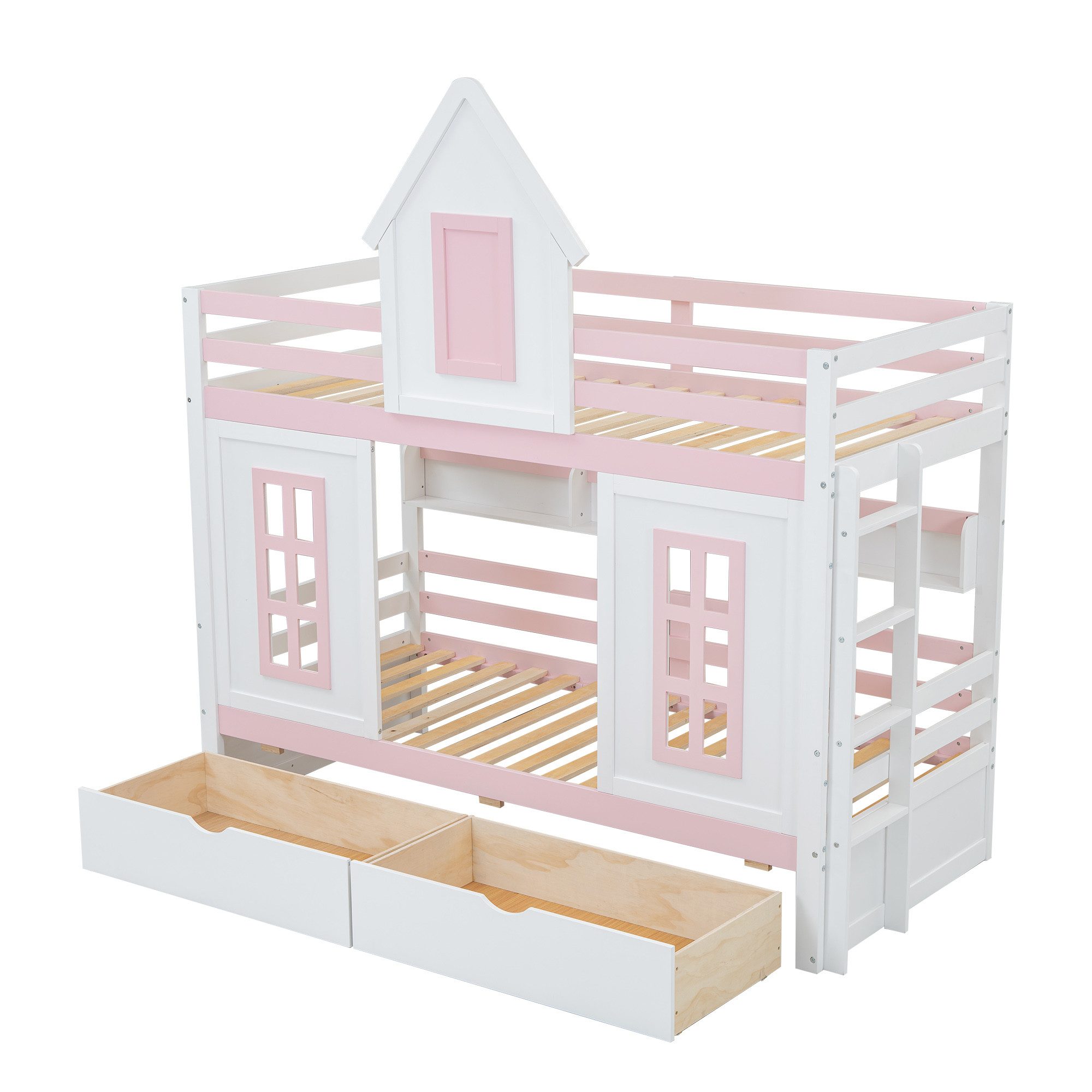 OKWISH Etagenbett Holzbett Kinderbett Hausbett Stauraumbett (mit Dach und Fenster, mit Fallschutzgitter, stabiles Geländer, Zwei Schubladen mit Rollen, Offenes Regal, Reichlich Stauraum, Kiefer+MDF 90x200 cm), ohne Matratze