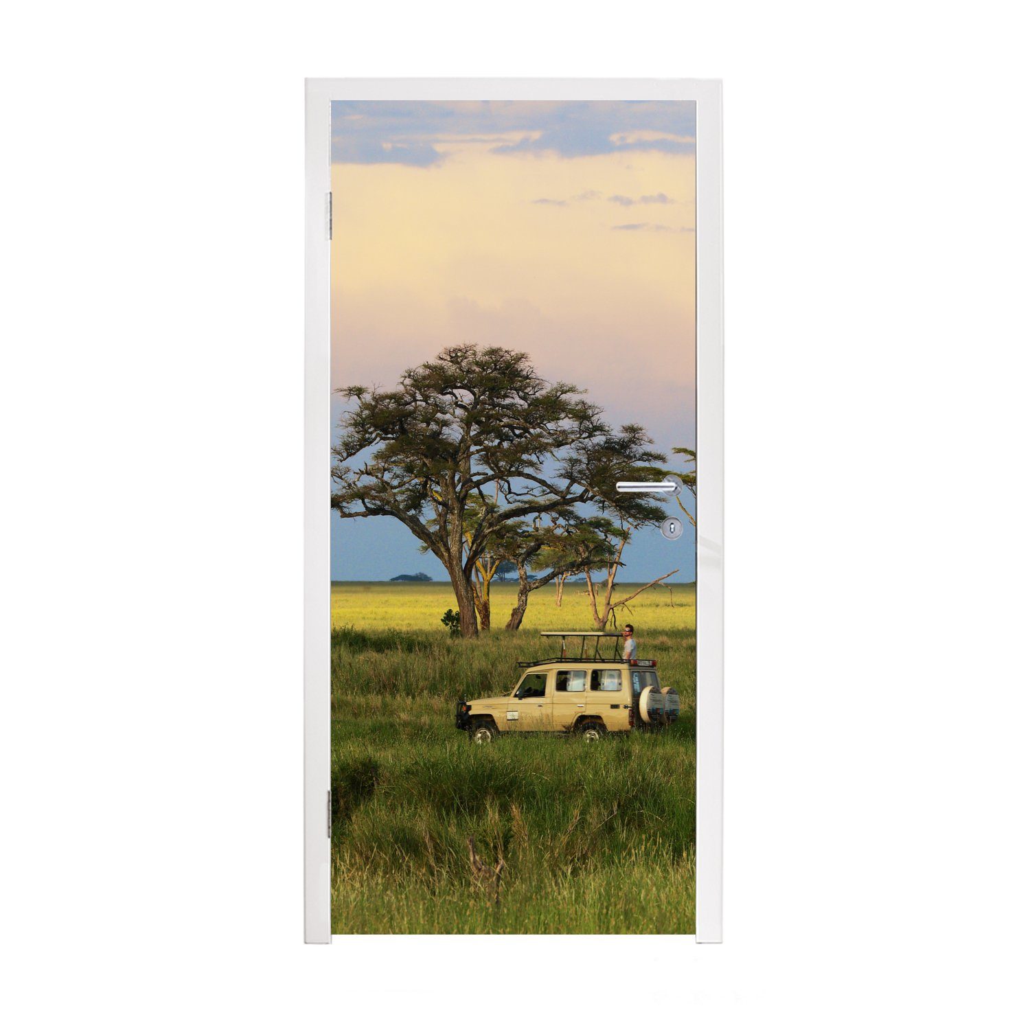 MuchoWow Türtapete Fahrt im Safari-Auto durch den Serengeti-Nationalpark in Afrika, Matt, bedruckt, (1 St), Fototapete für Tür, Türaufkleber, 75x205 cm