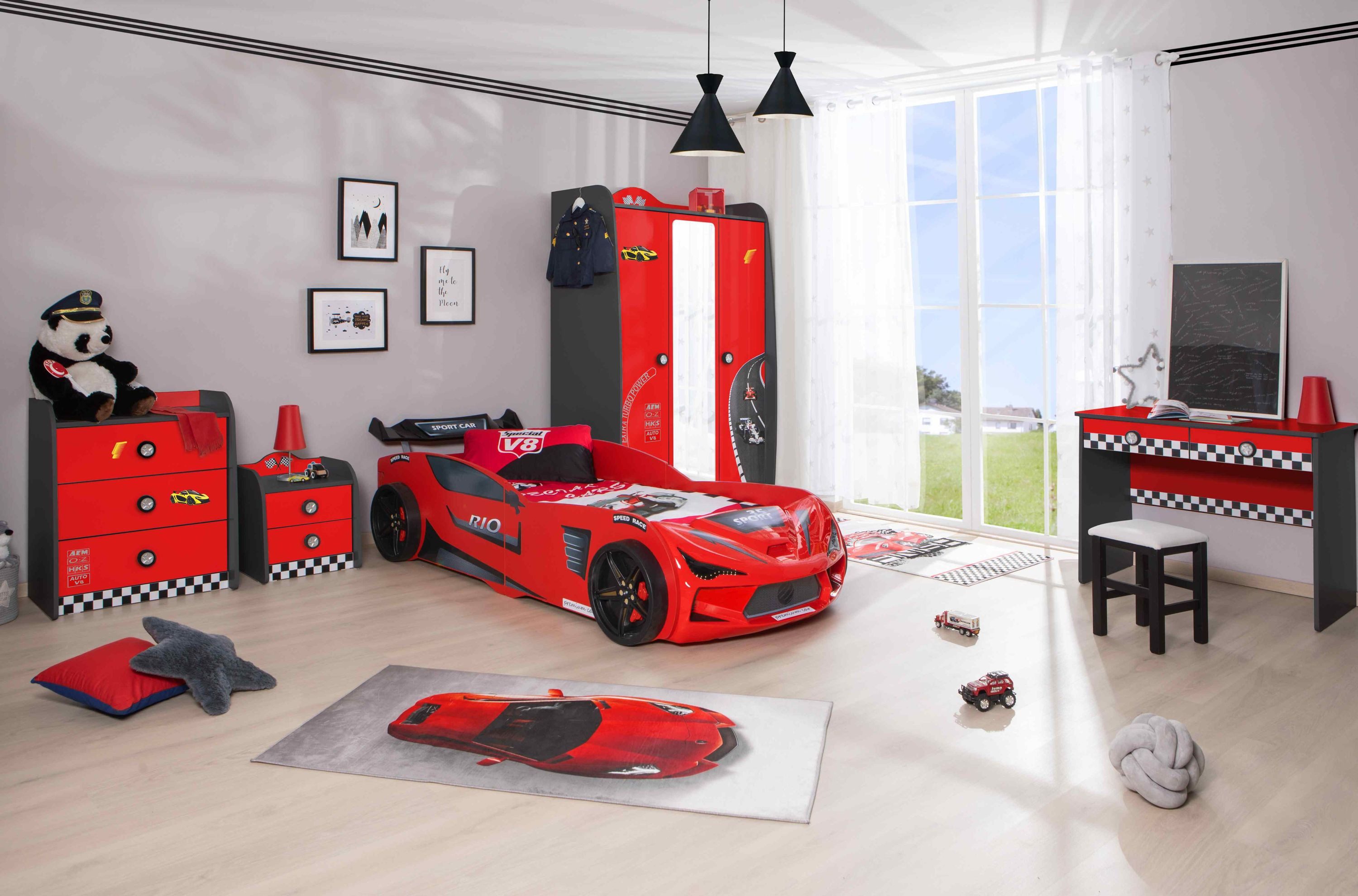 Aileenstore Jugendzimmer-Set Rio, (5-tlg., 5 teilig), Komplettset 5 teilig mit Autobett Rio, LED, Spoiler, Softclose