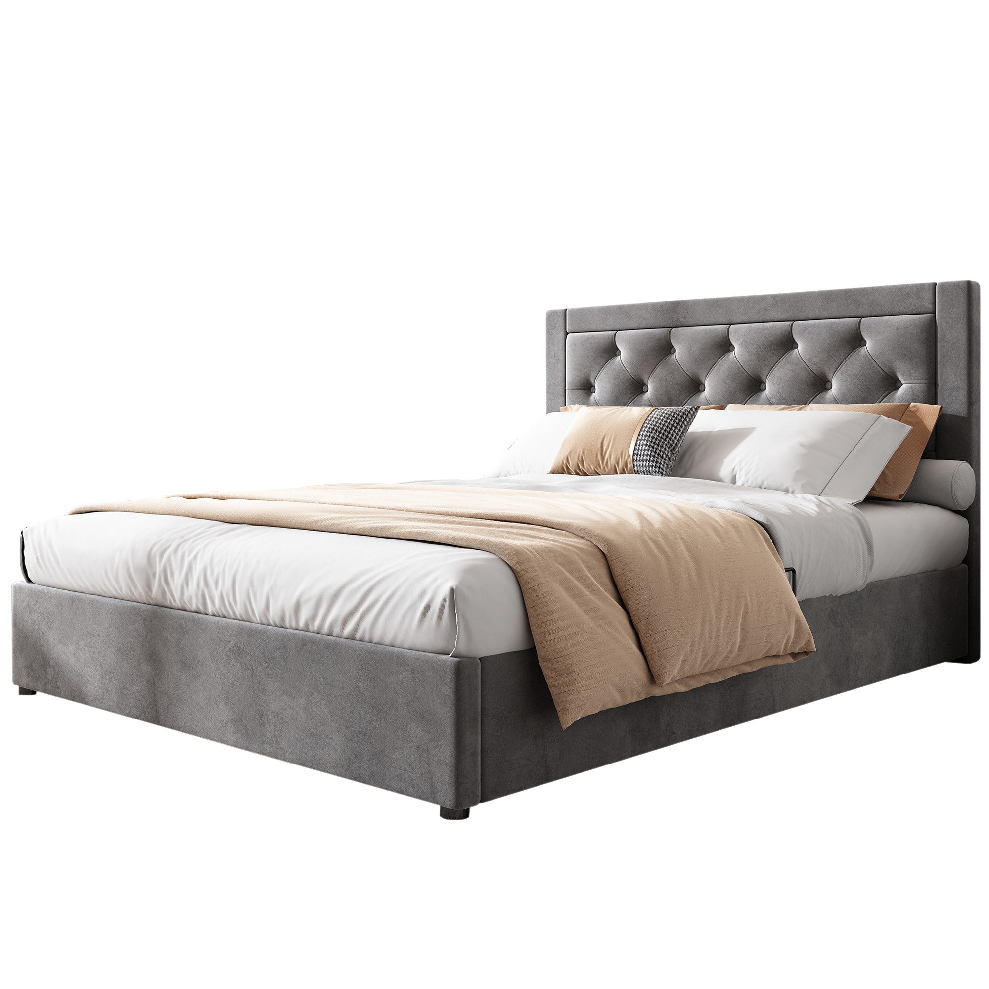 OKWISH Polsterbett Stauraumbett (mit linker und rechter abhebbarer Bettkasten,Chesterfield-Stil, Schaumstoffgefülltes Kopfteil,Doppelbett aus Stahlrahmen,Samt), 140*200cm,grau