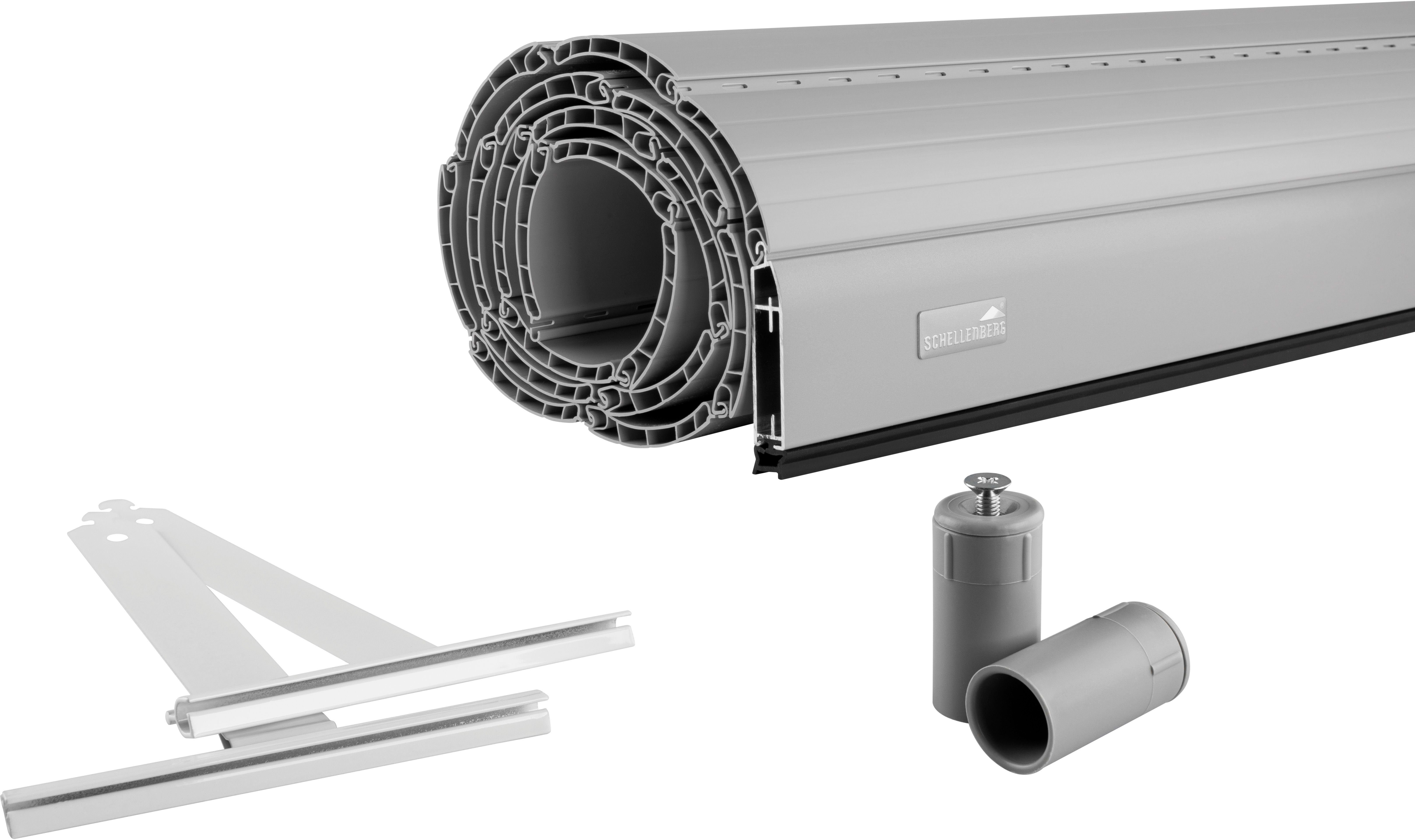SCHELLENBERG Rollladenpanzer Set für Fenster, Maxi System für 60 mm Stahlrohrwelle, PVC Jalousie, in verschiedenen Größen erhältlich, grau
