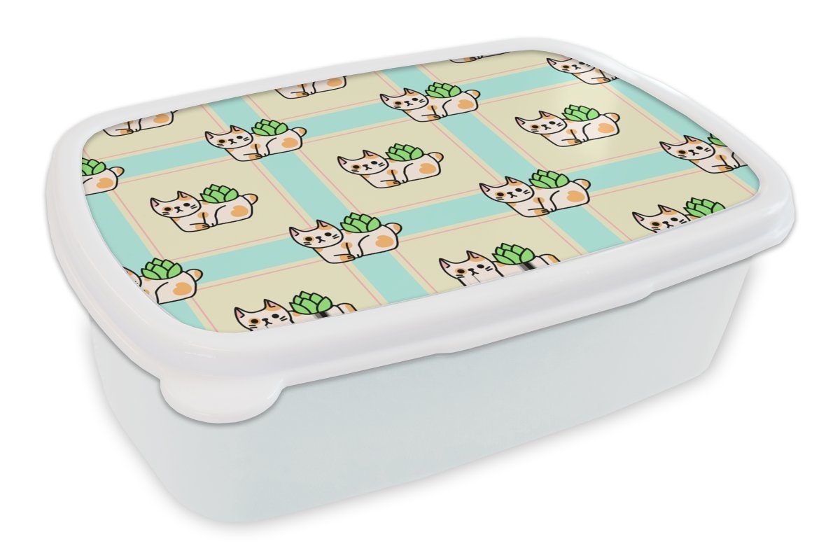 MuchoWow Lunchbox Katzen - Pflanzen - Pastell - Kind - Muster, Kunststoff, (2-tlg), Brotbox für Kinder und Erwachsene, Brotdose, für Jungs und Mädchen weiß