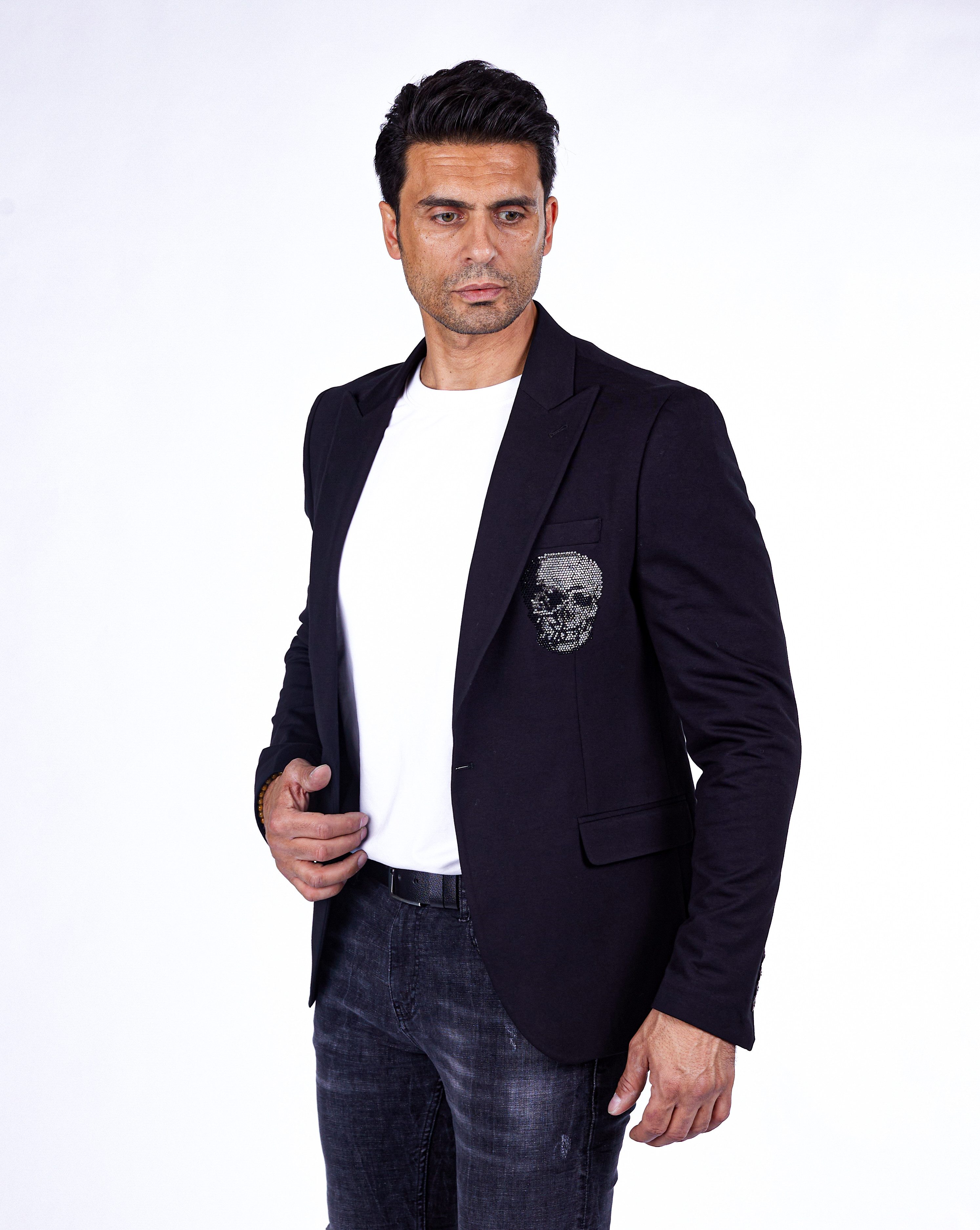 Denim Distriqt Jerseysakko Elegantes Totenkopf Sakko im coolen Design mit Stretch Schwarz 46