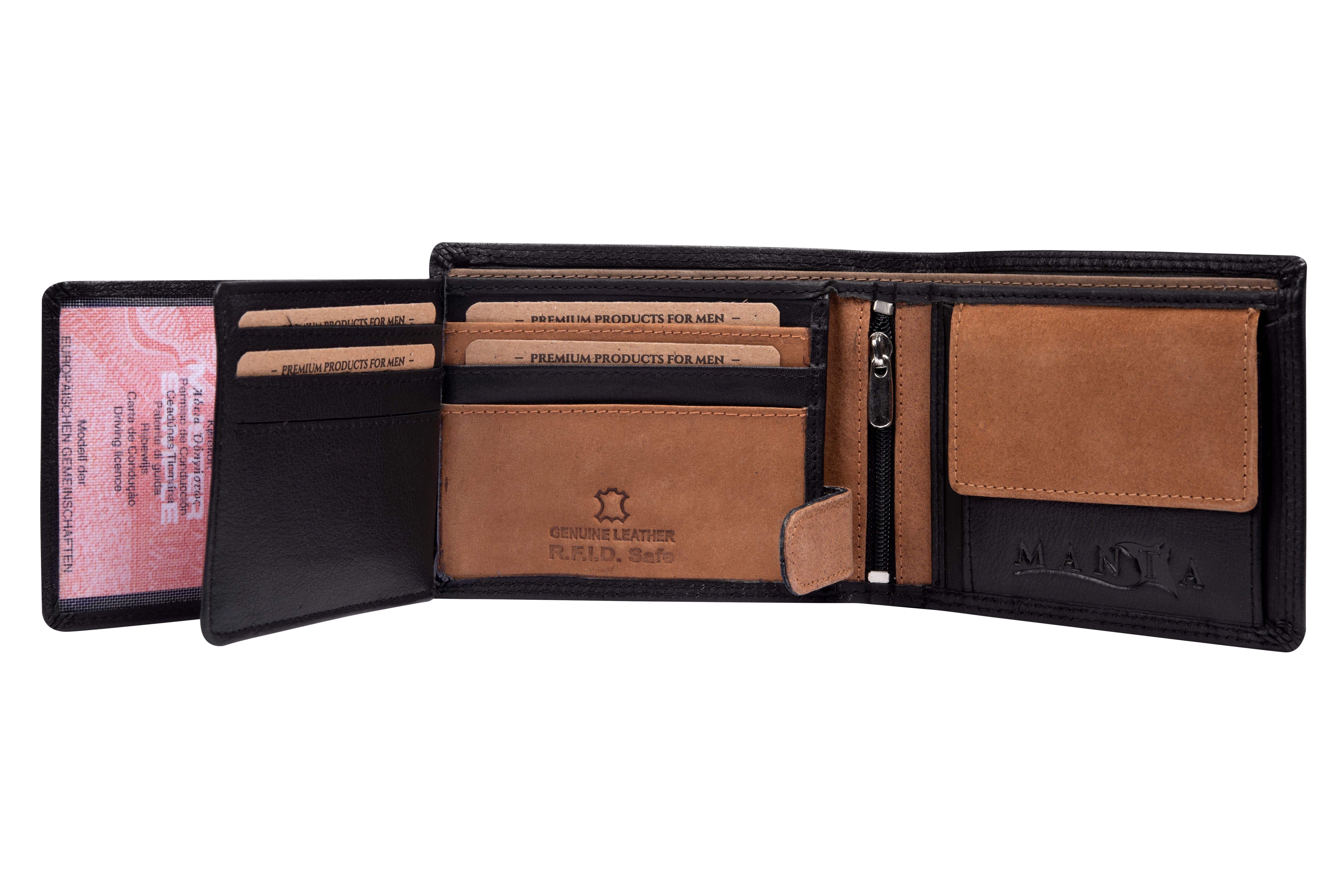 Brieftasche, RFID Echtes aus MANTA + Safe Herrengeldbeutel RFID Schutz Geldbörse Leder Black-Brown Echtleder Premium