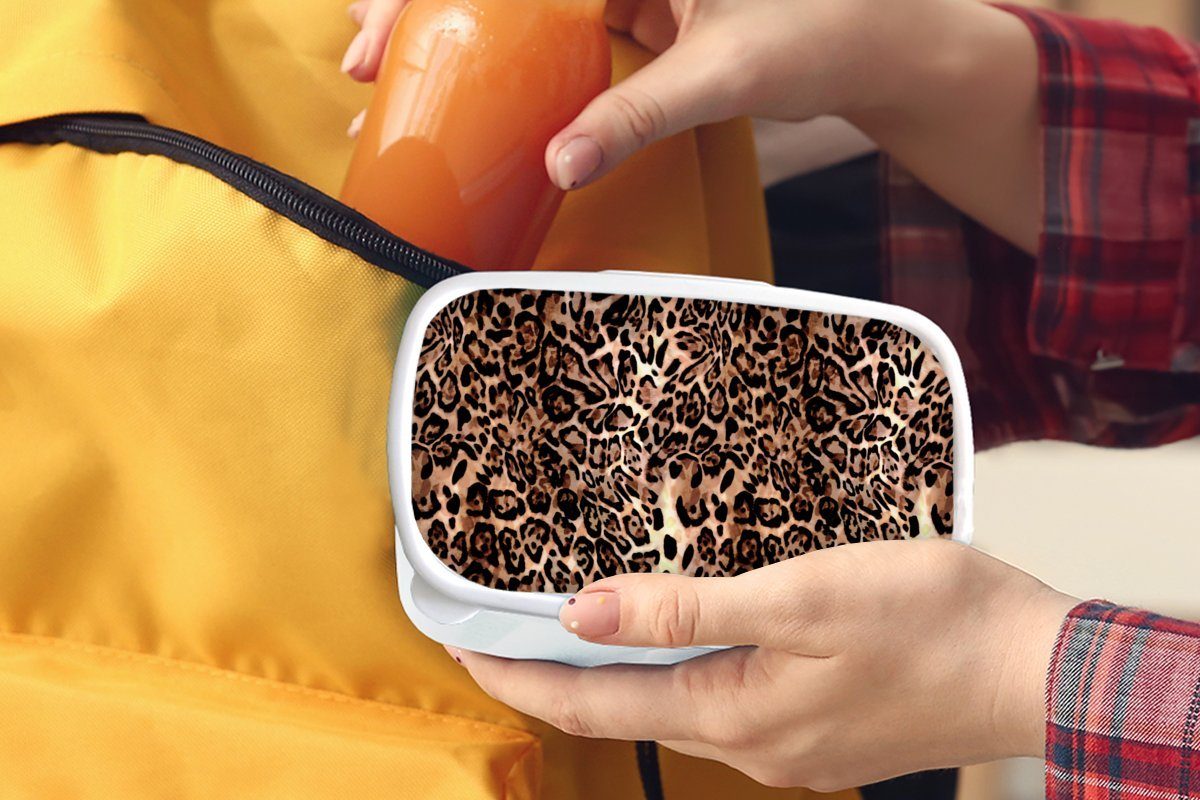 Design MuchoWow - Brotbox Jungs Leopard und - Mädchen Kinder für und Brotdose, weiß Tiermuster Kunststoff, für - Erwachsene, (2-tlg), Lunchbox Luxus,