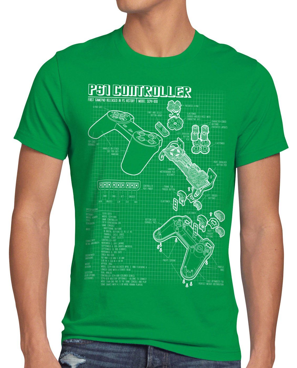style3 Print-Shirt Herren T-Shirt gamepad konsole gamer grün Blaupause classic Controller PS1 PS