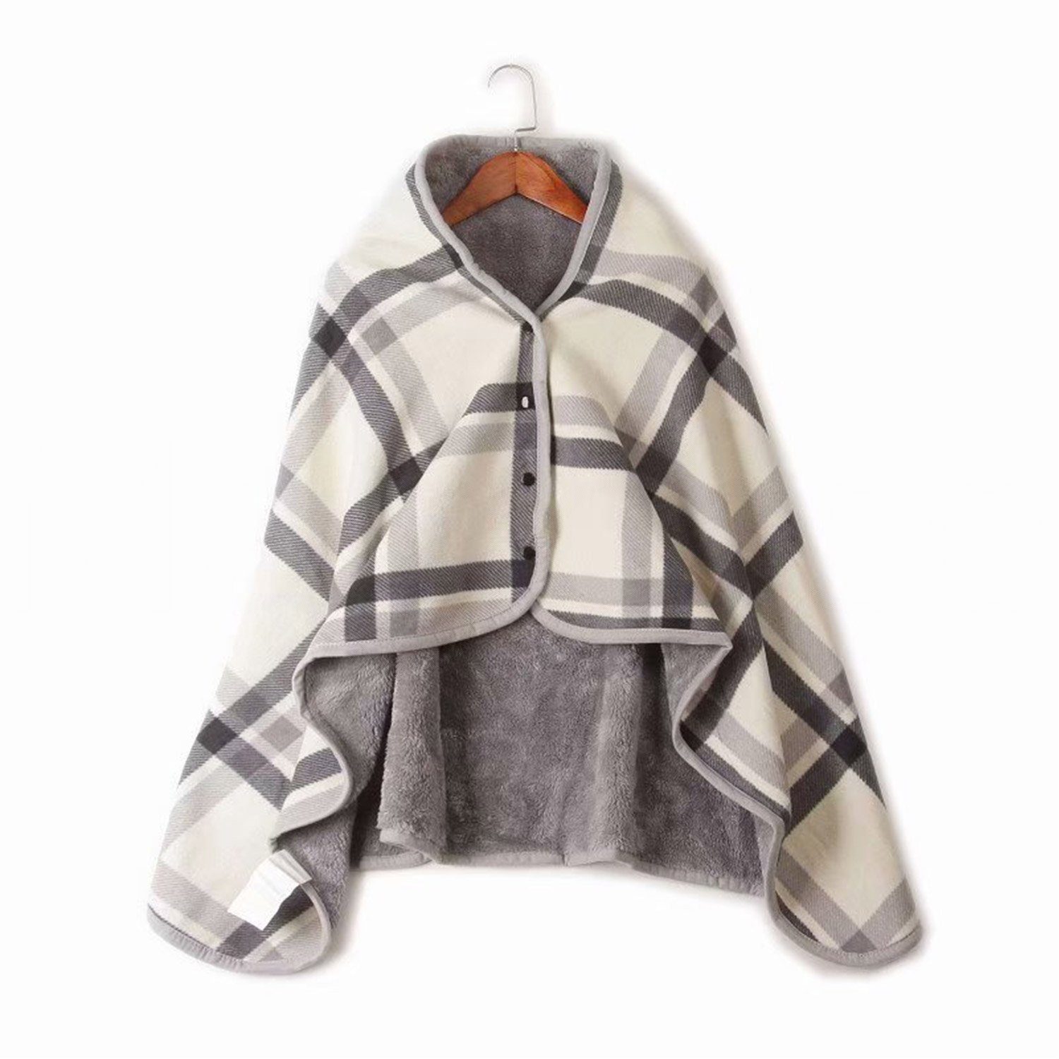 Wohndecke Cape Damen Poncho mit Knöpfen Karierte Plaid, MAGICSHE Grau weiß