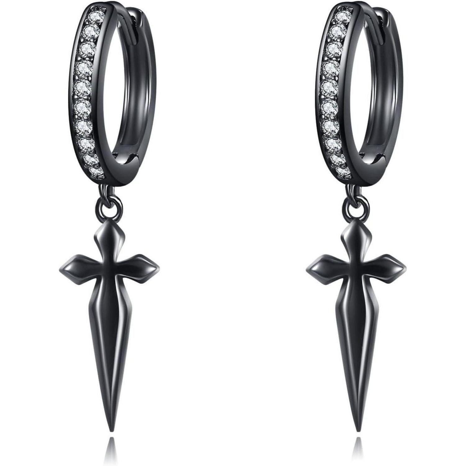 Paar Creolen Creolen Sterling Silber schwarz Kreuz Sterne Damen Schwarzes Kreuz-CZ
