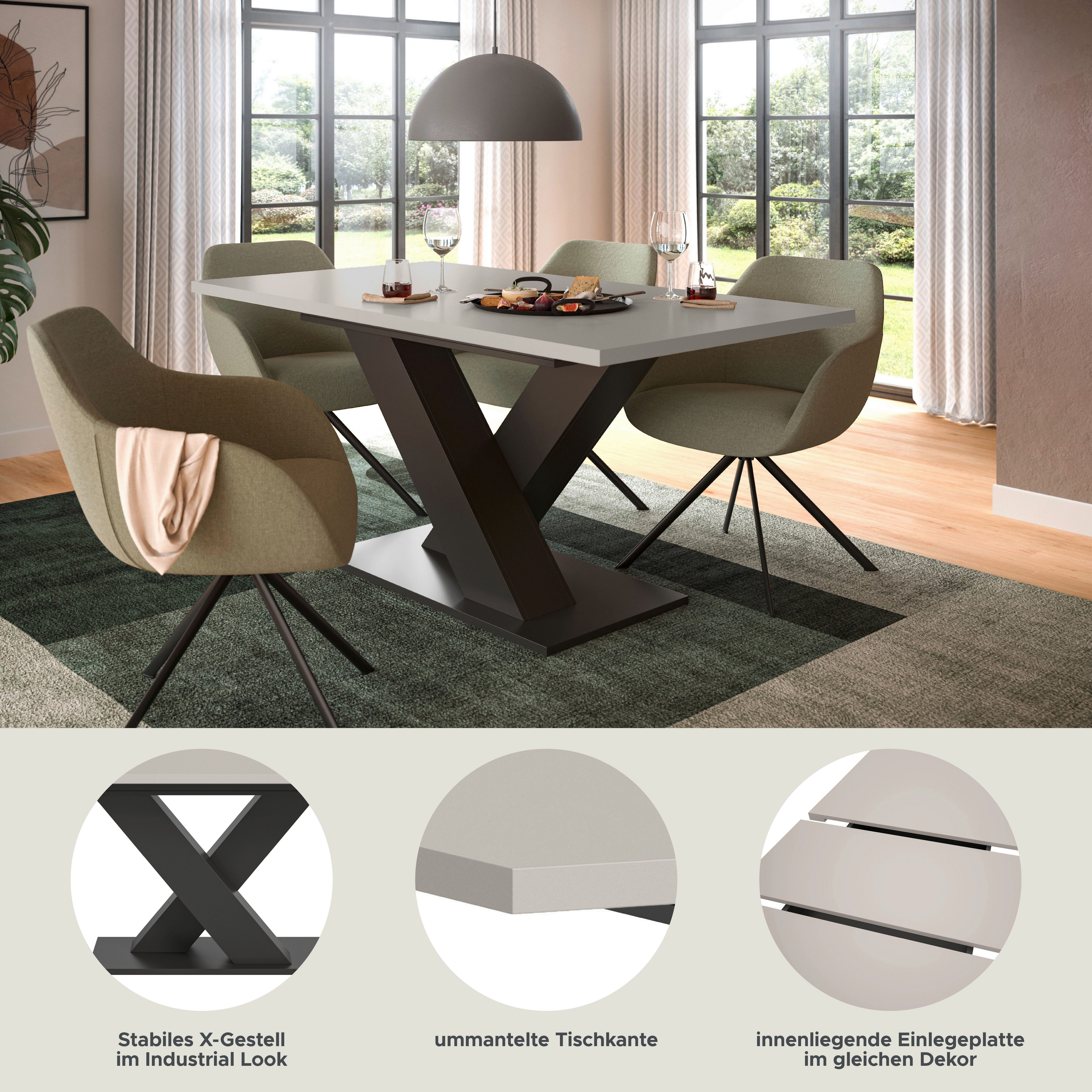 Home affaire Esstisch Motus, ausziehbar 150 -190 cm, inklusive 40 cm Einlegeplatte (Set, 1-St), X-Gestell mit Bodenplatte, Tisch, Küchentisch, Esszimmer, Küche