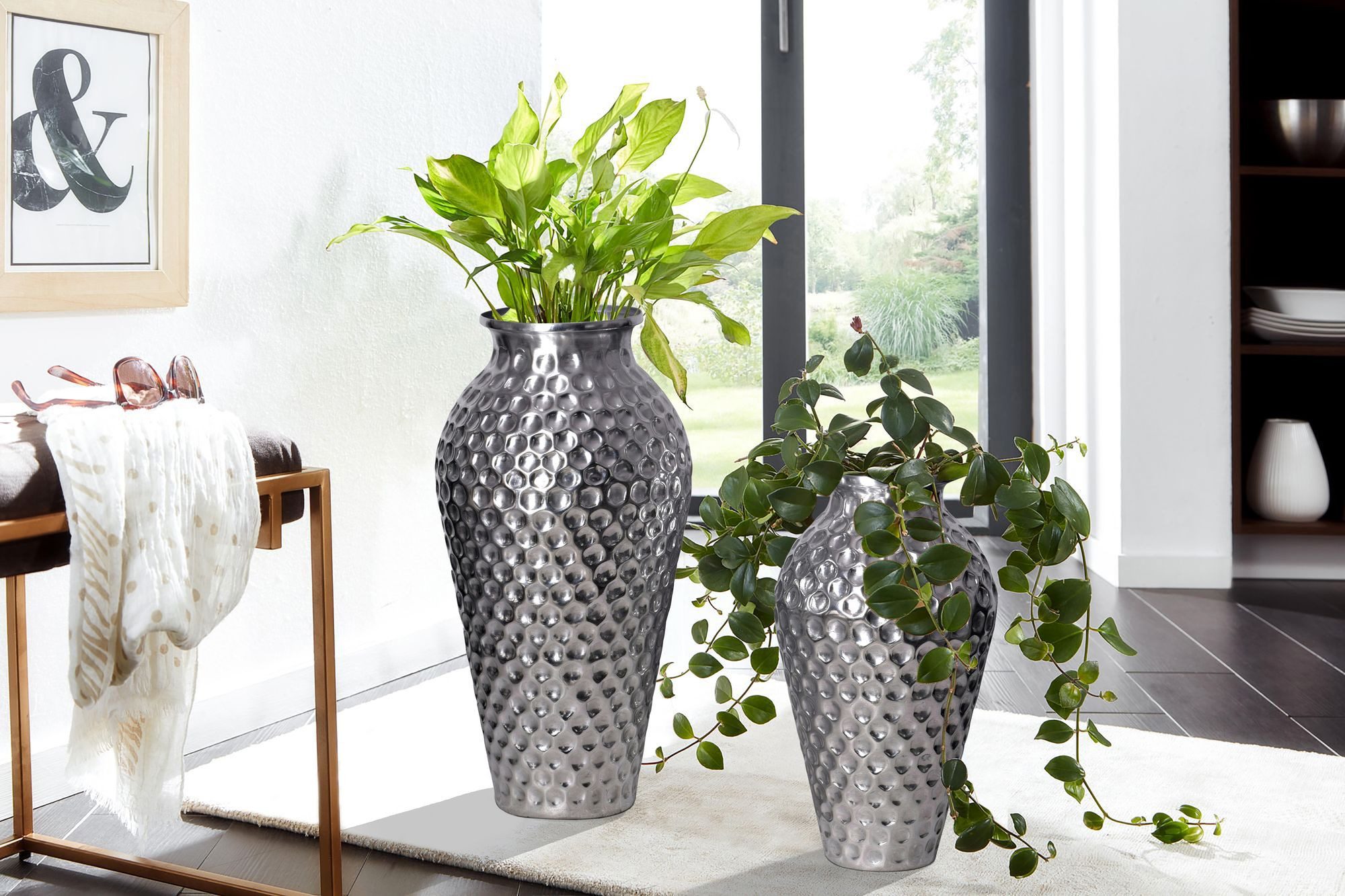 FINEBUY Bodenvase FB65099 Vase 2er Set Blumenvase Aluminium Amphore Tischvase Rund (Dekovase 2-teilig für Blumen Alu Tischvase Metall), 2er Set Aluminium Silber Amphore Blumenvase Modern