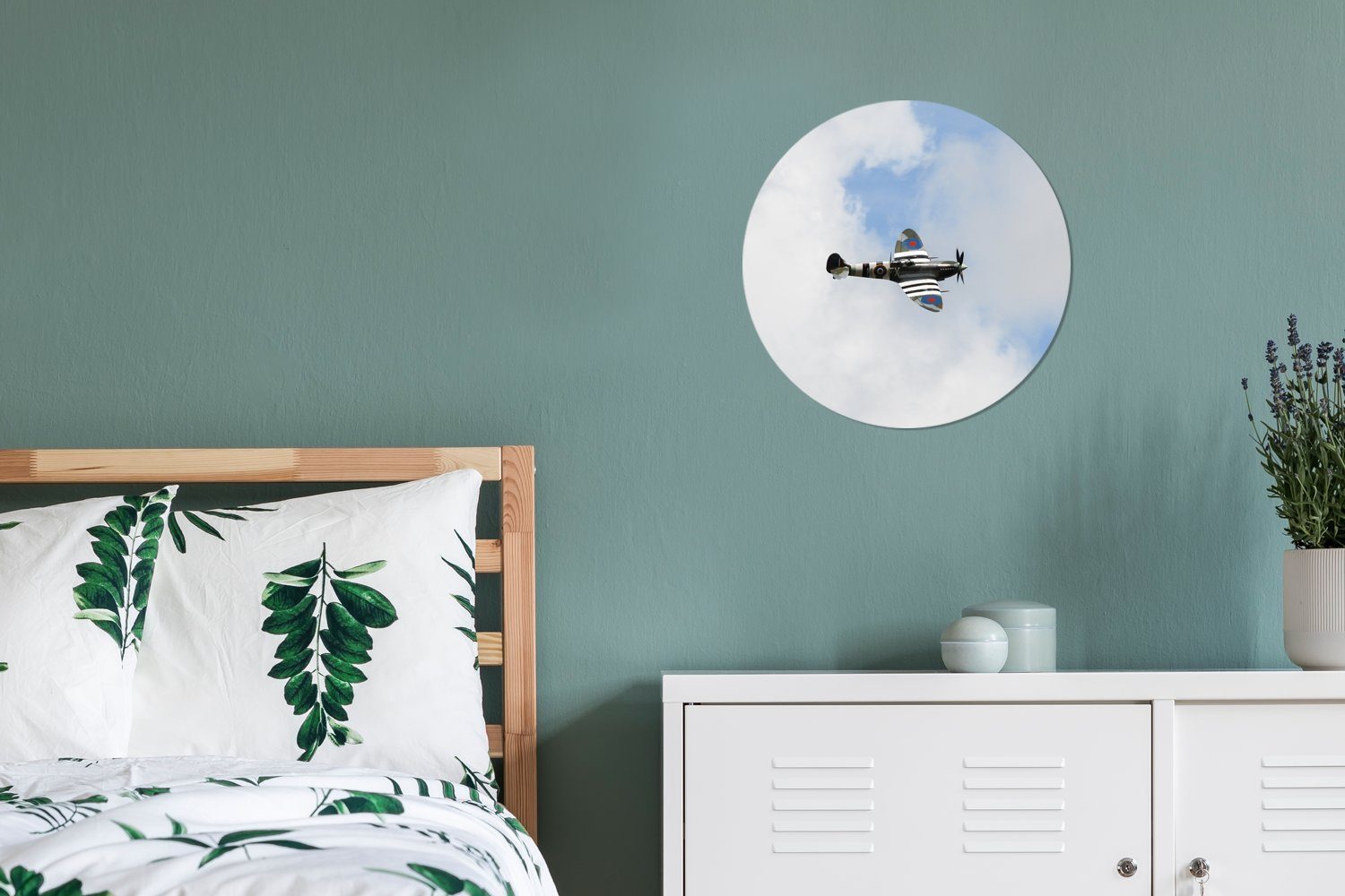 bewölkten einem Wohnzimmer, Spitfire-Flugzeug Forex, (1 30x30 cm Kreis St), Gemälde MuchoWow Wanddekoration Himmel, Rundes Wandbild, in