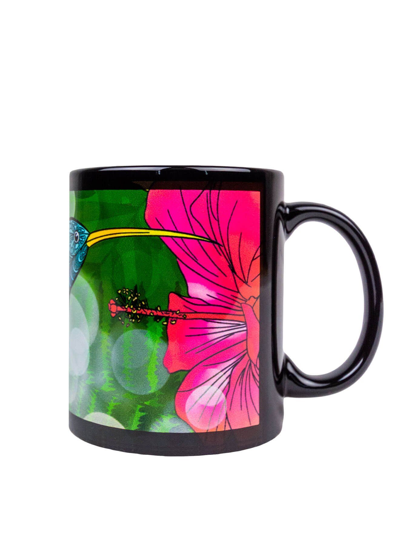 Tasse Tasse Motiv UV-aktiv, Neon Hibiskus leuchtet PSYWORK Cup unter Schwarzlicht "Kolibri Keramik, Fluo Flower",