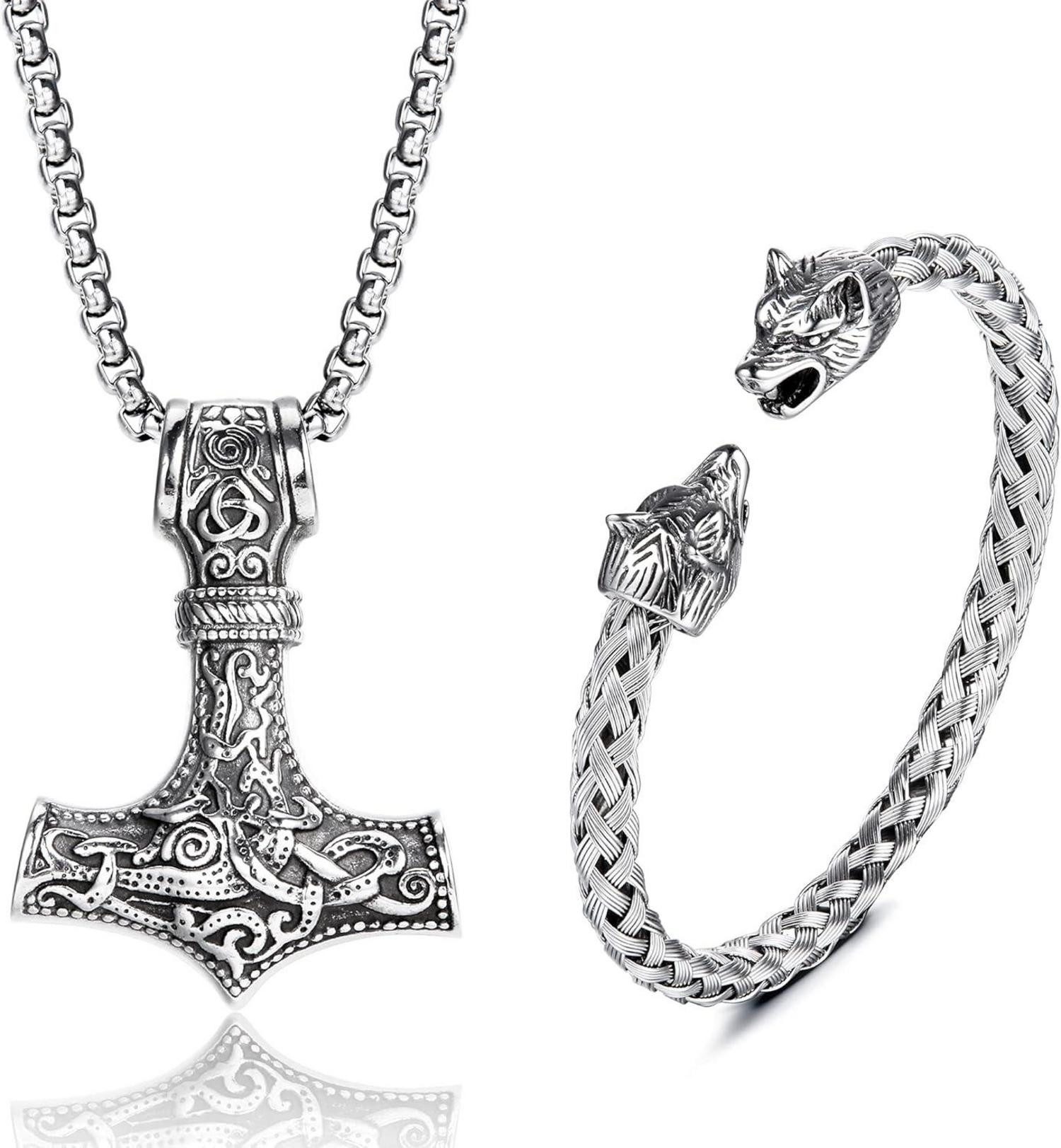 LuxusKollektion Ketten und Armband Set Thors Hammer Halskette Wikinger Wolfskopf Armbänder Set Herren Mjolnir