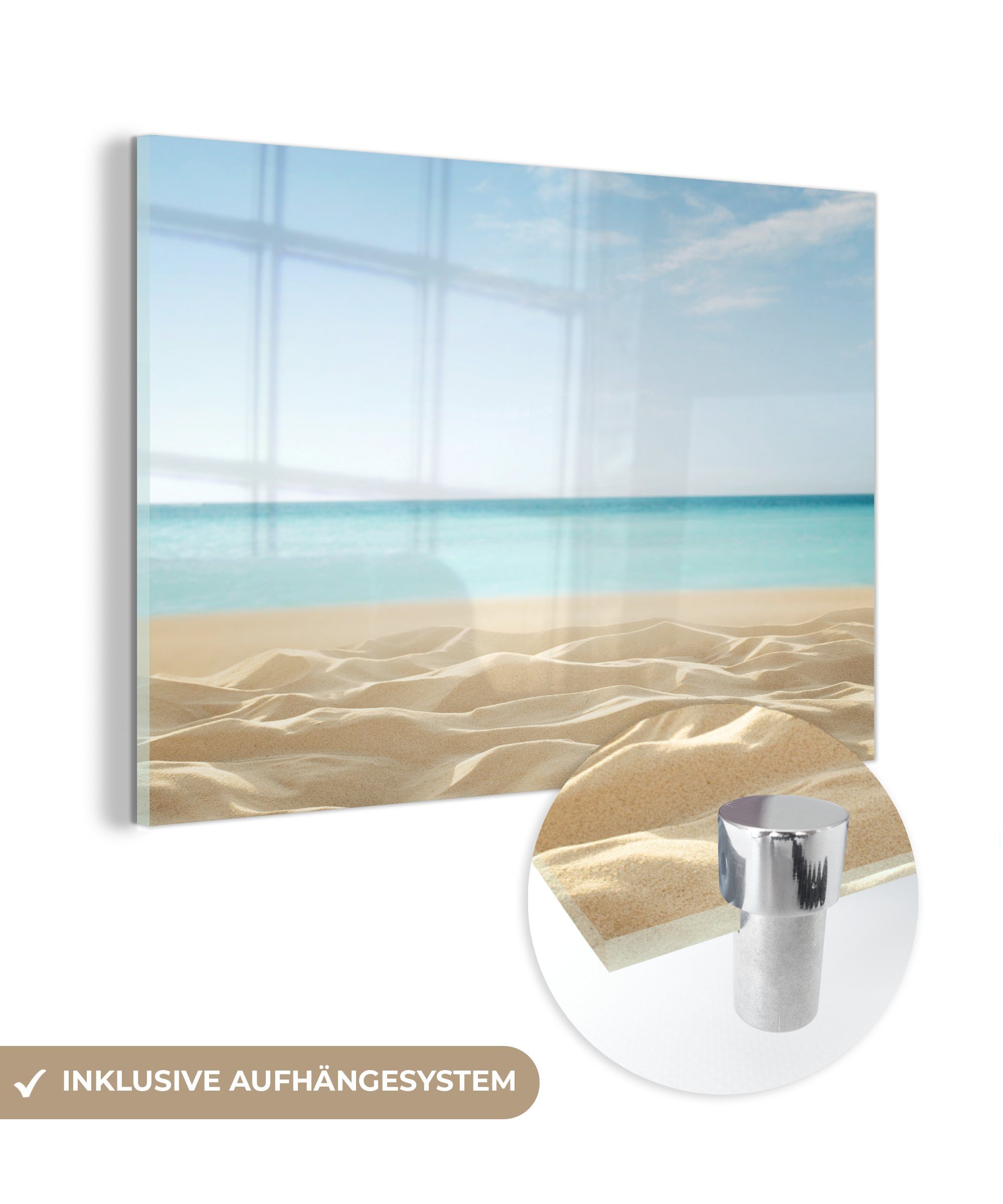 MuchoWow Meer - Glas - Glas St), (1 auf auf Foto Glasbilder Bilder Wandbild Sand, - Wanddekoration Strand Acrylglasbild - -