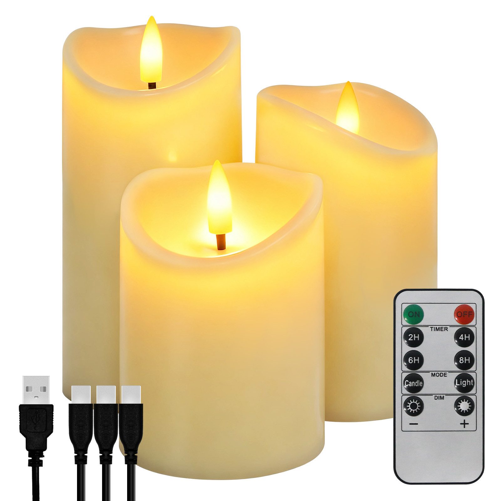 kisidus LED-Kerze LED Weihnachten Kerzen mit timerfunktion und Fernbedienung (Elektrische Wiederaufladbare Kerzen mit USB-Kabel, 3-tlg., 7.5x10cm/12.5cm/15cm), für Hochzeit Weihnachten Halloween Party Dekoration