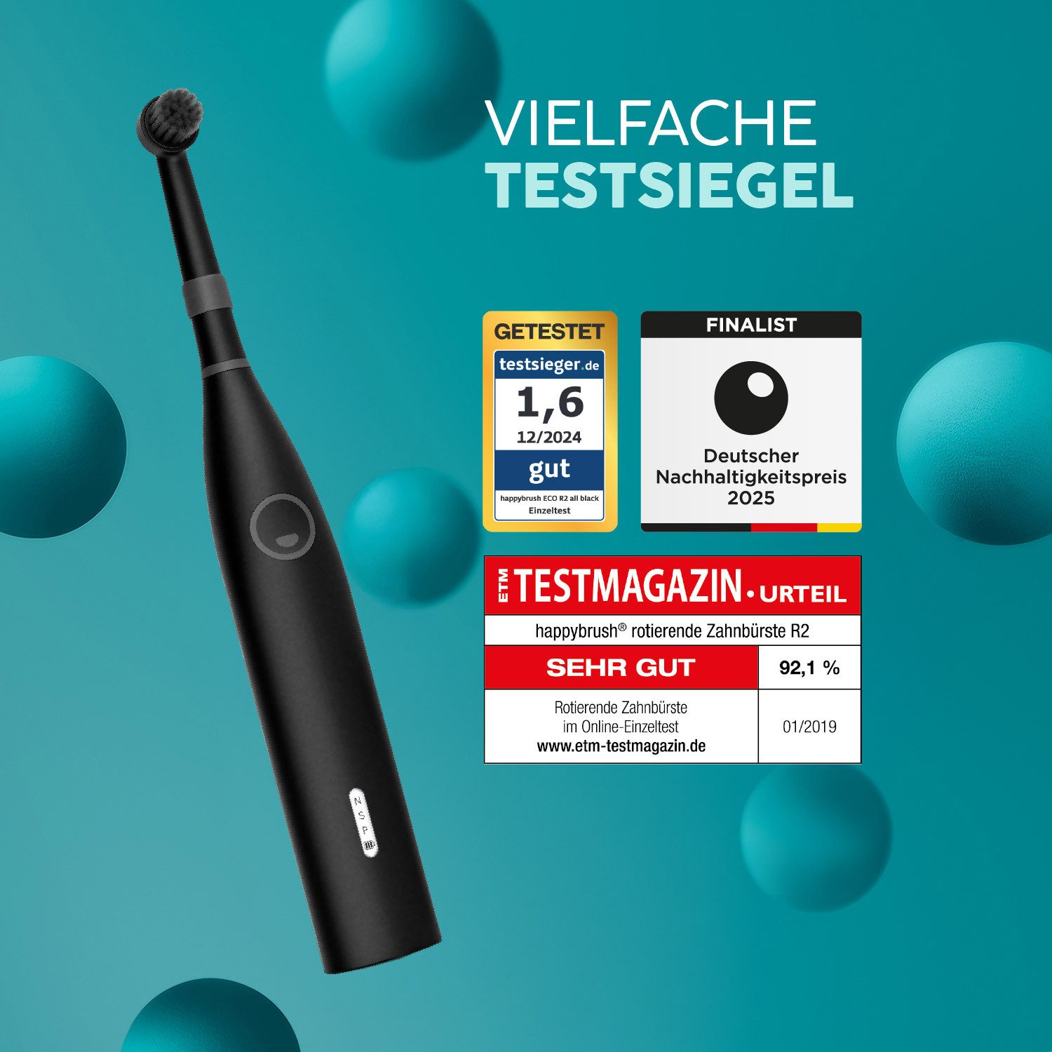 happybrush Elektrische Zahnbürste Eco R2 AllBlack - 100 Tage Probeputzen - 3 Wochen Power Akku, Aufsteckbürsten: 4 St., Eco R2, LED-Display, 3 Putzmodi, Soft-Touch, Travel-Lock