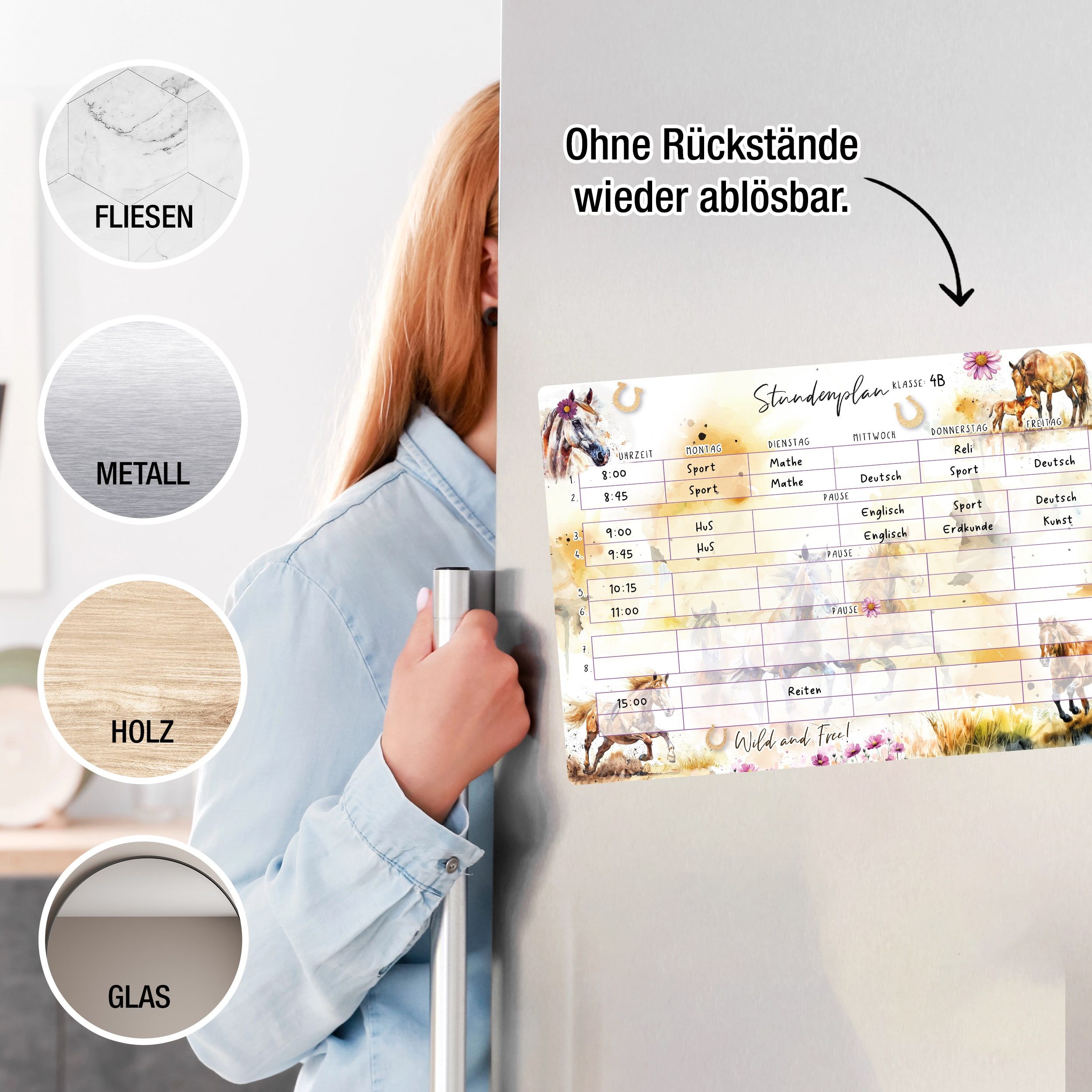 TOBJA Wandtafel Stundenplan Pferde Grundschule Mädchen, abwischbar selbsthaftend inkl. Stift Schulanfang Schultüte – Bild 3 von 5