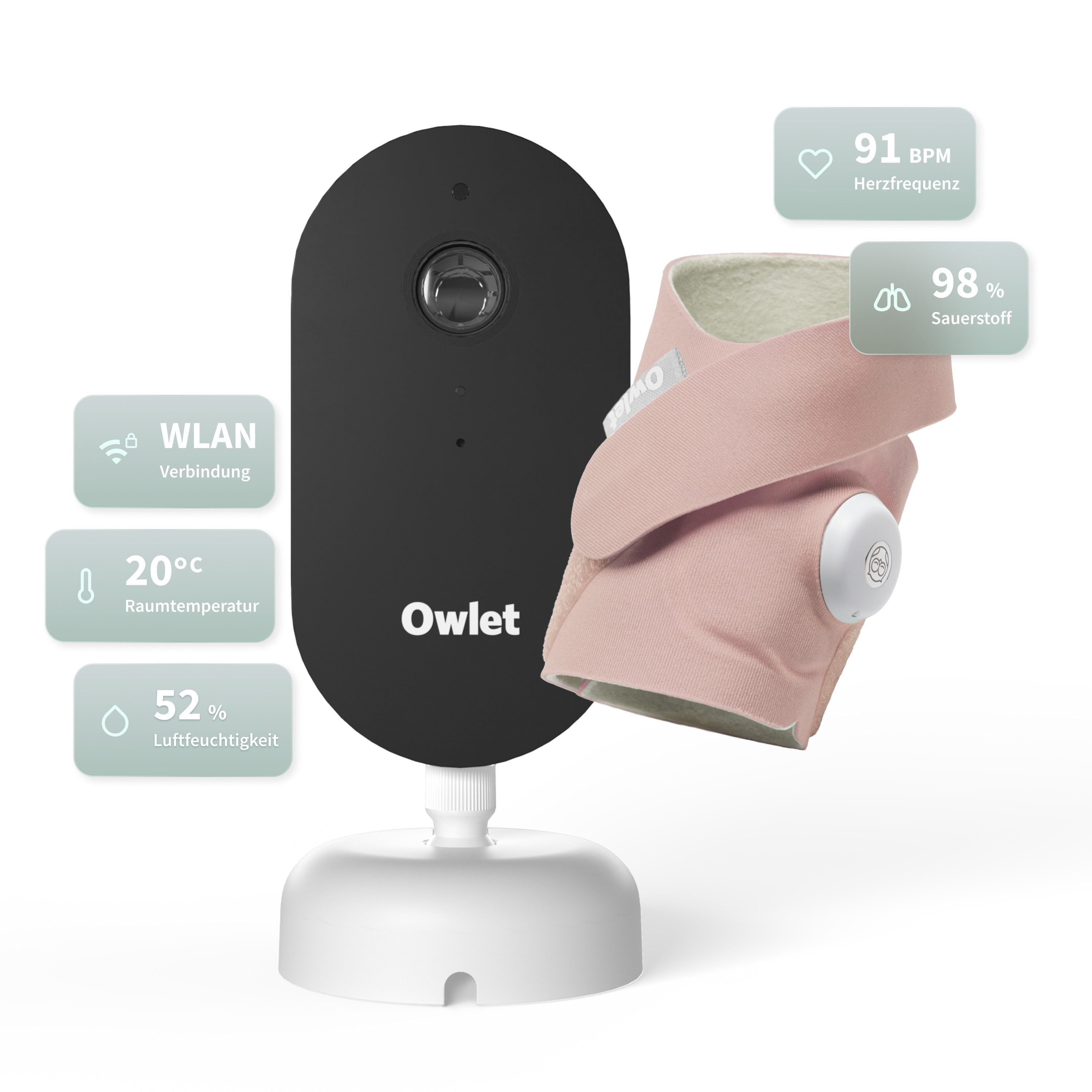 Owlet Baby Care DE Babyphone Videoüberwachung 2K-HD mit App & zertifiziertem Dream Sock® Sensor