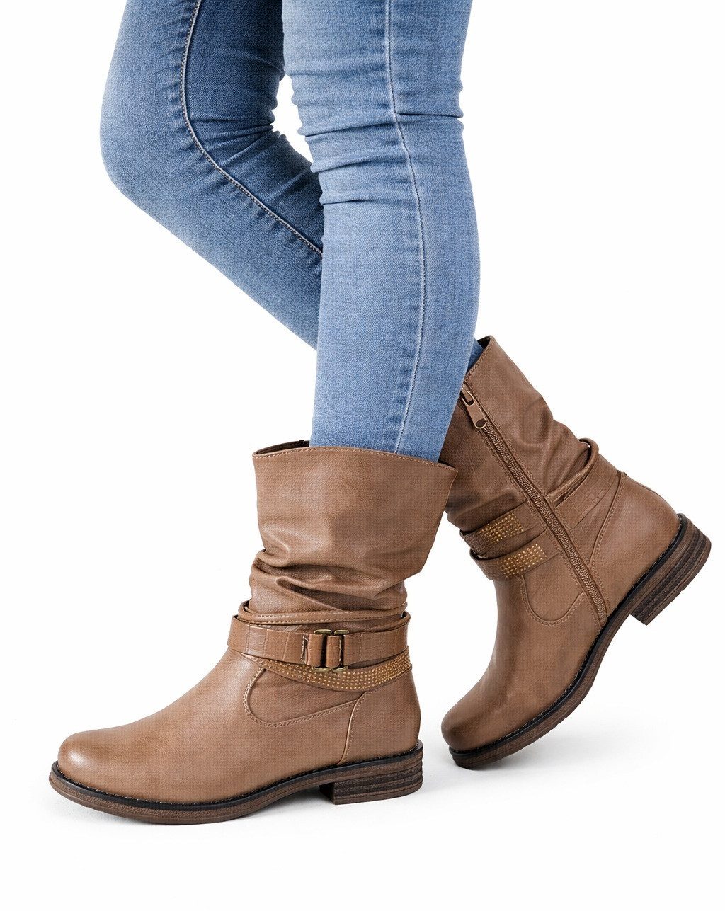 Pogolino 1573 Bikerboots Damen Biker Boots im Used Look leicht gefüttert mit Reißverschluss