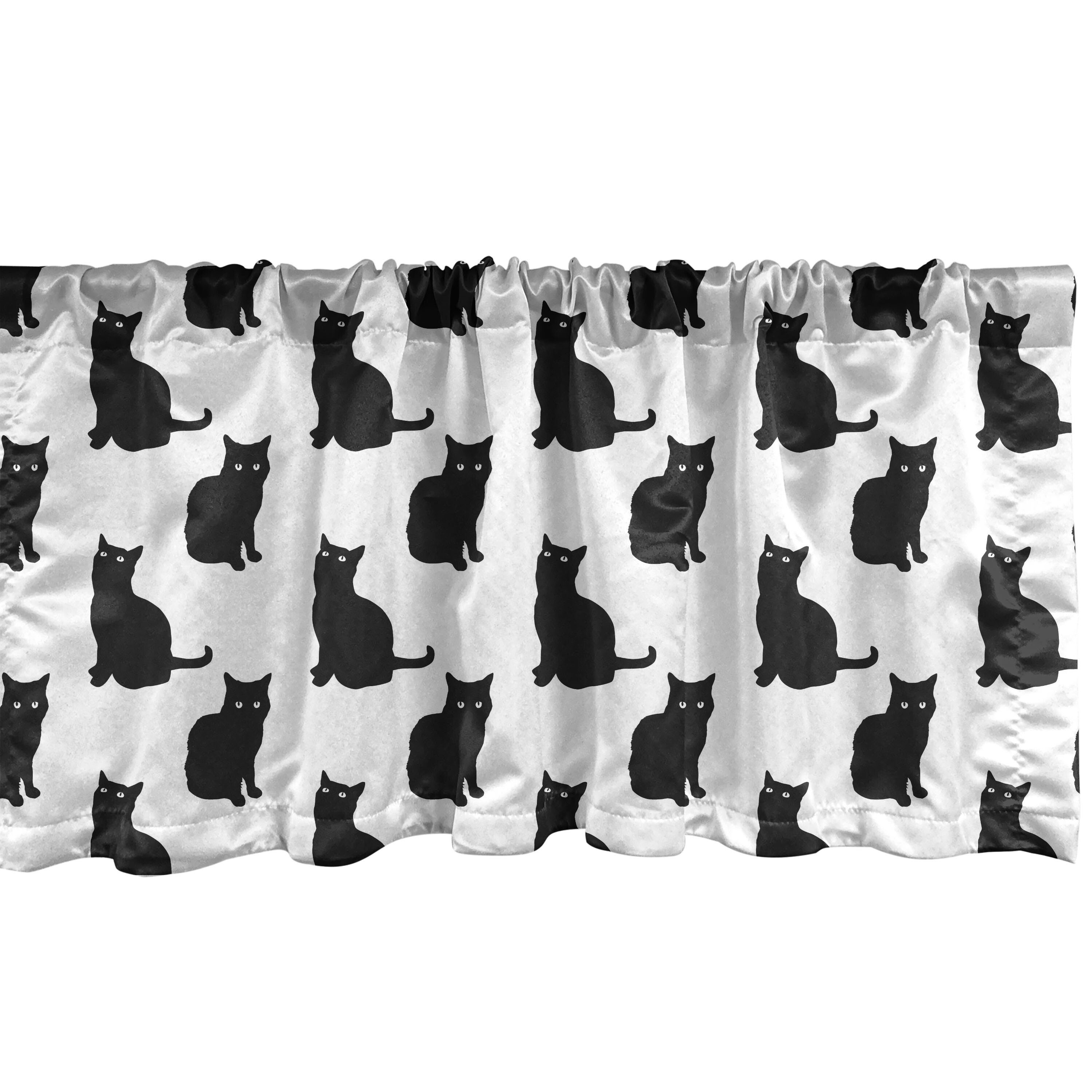 Katze Volant für Kätzchen mit Schlafzimmer Scheibengardine Vorhang Microfaser, Spielerisch, Dekor Küche Schwarz, Abakuhaus, Stangentasche,