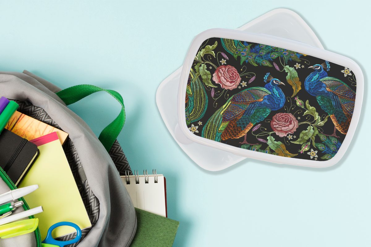 MuchoWow Lunchbox Stickereidruck - Kunststoff, Kinder Erwachsene, und weiß - (2-tlg), für Pfau Brotbox Brotdose, Jungs Blumen - Rosen, für Mädchen und