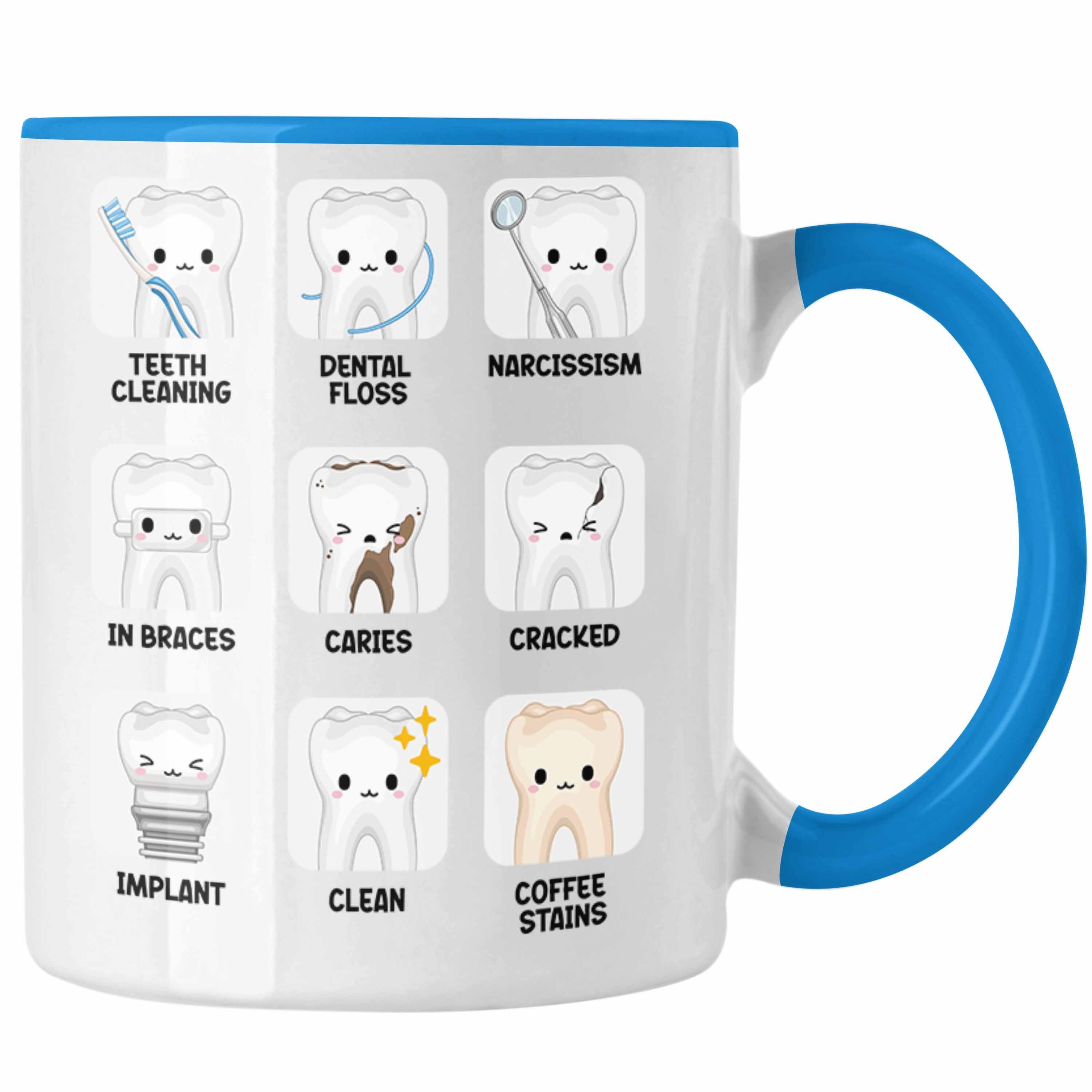 Trendation Tasse Trendation - Zahnmedizinische Fachangestellte Tasse Geschenk Lustig Zahnarzt Damen Geschenkidee Zahnarzthelferin LOVE Zahnarzt Zahnärztin Blau