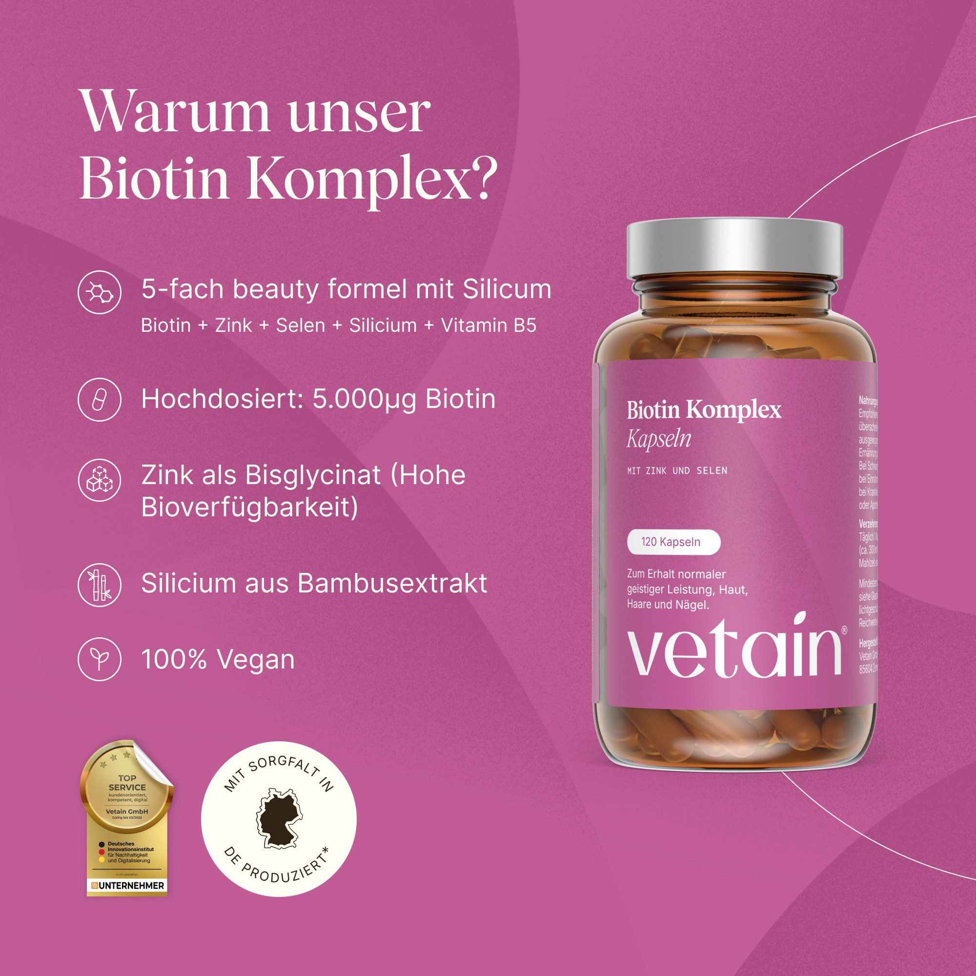 VETAIN Biotin Zink Selen - Mit Silizium & Vitamin B5 - Haare, Haut & Nägel Kapseln, 120 St., Hochdosiertes Biotin (5.000 µg) kombiniert mit Zink, Selen, Vitamin B5